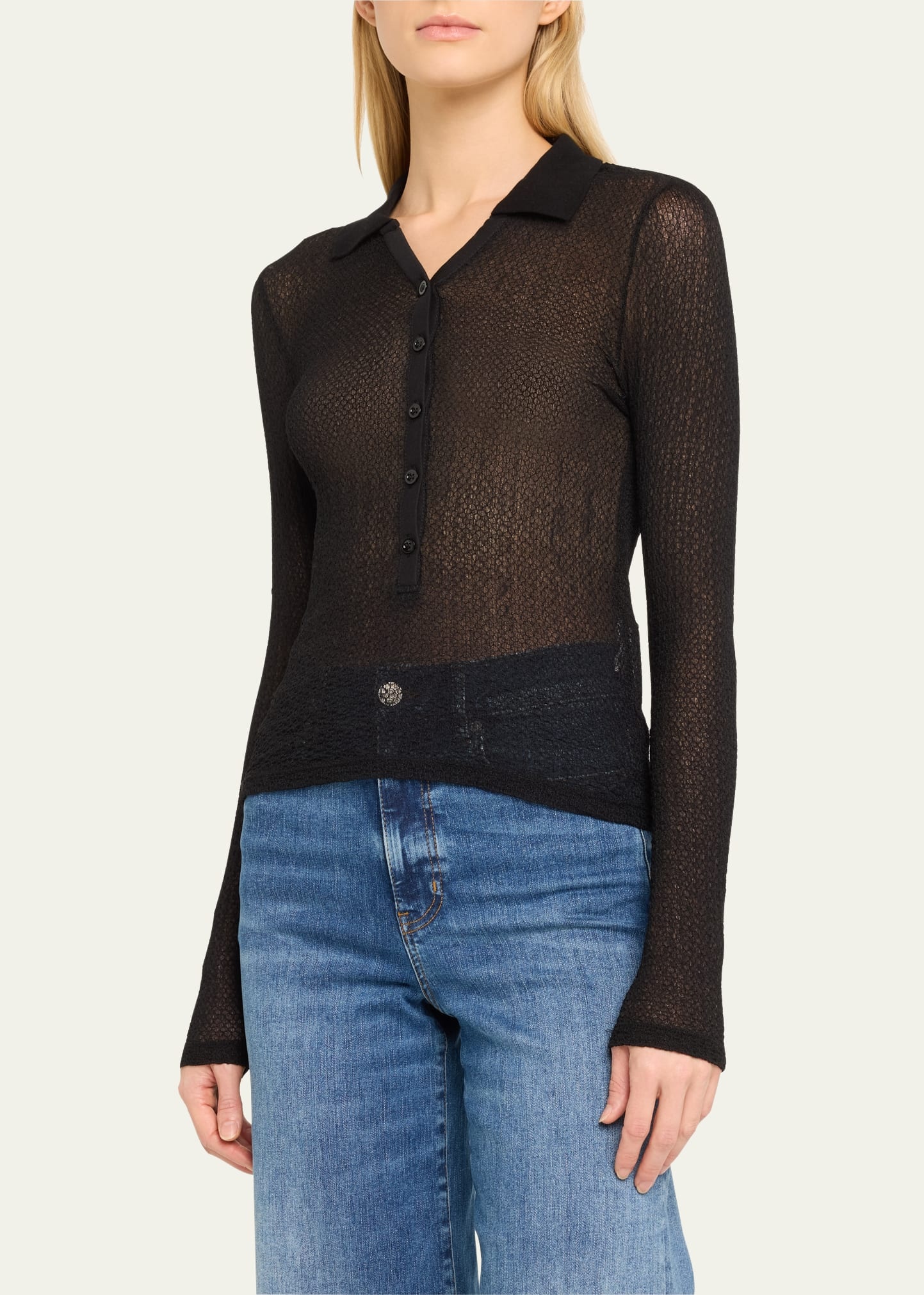 Sheer Mesh Lace Polo Top - 4