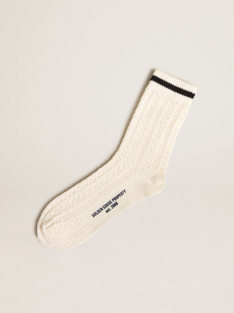 Long ribbed socks in vintage white with black stripe 1