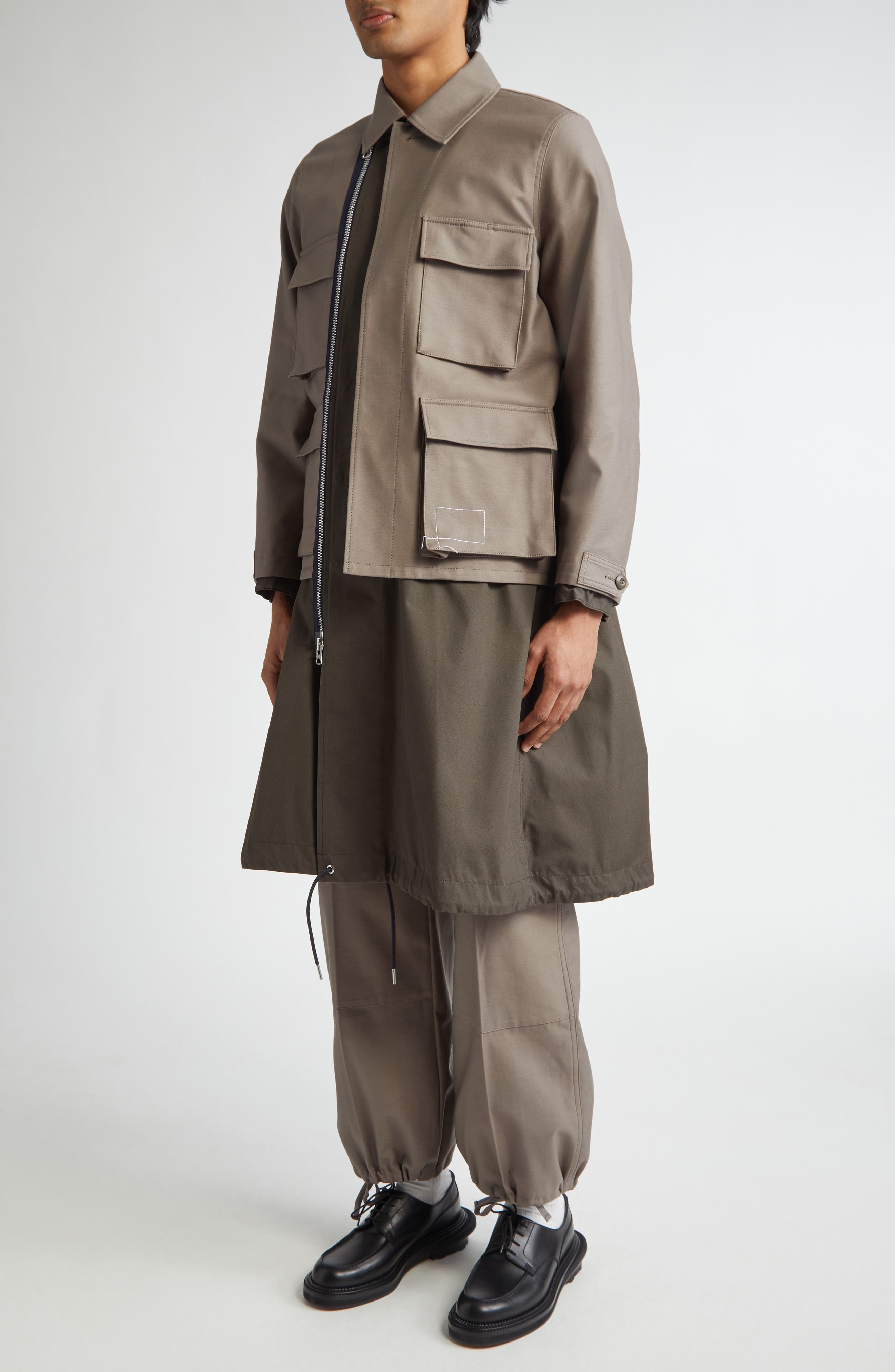 Sacai x WTAPS® Layered Mixed Media Coat in Taupe/Dark Khaki at Nordstrom - 5