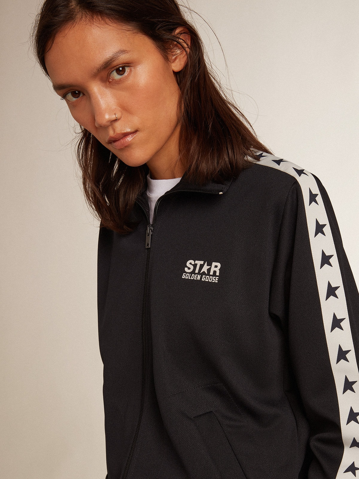 Dark blue zipped sweatshirt with white strip and contrasting stars - 2