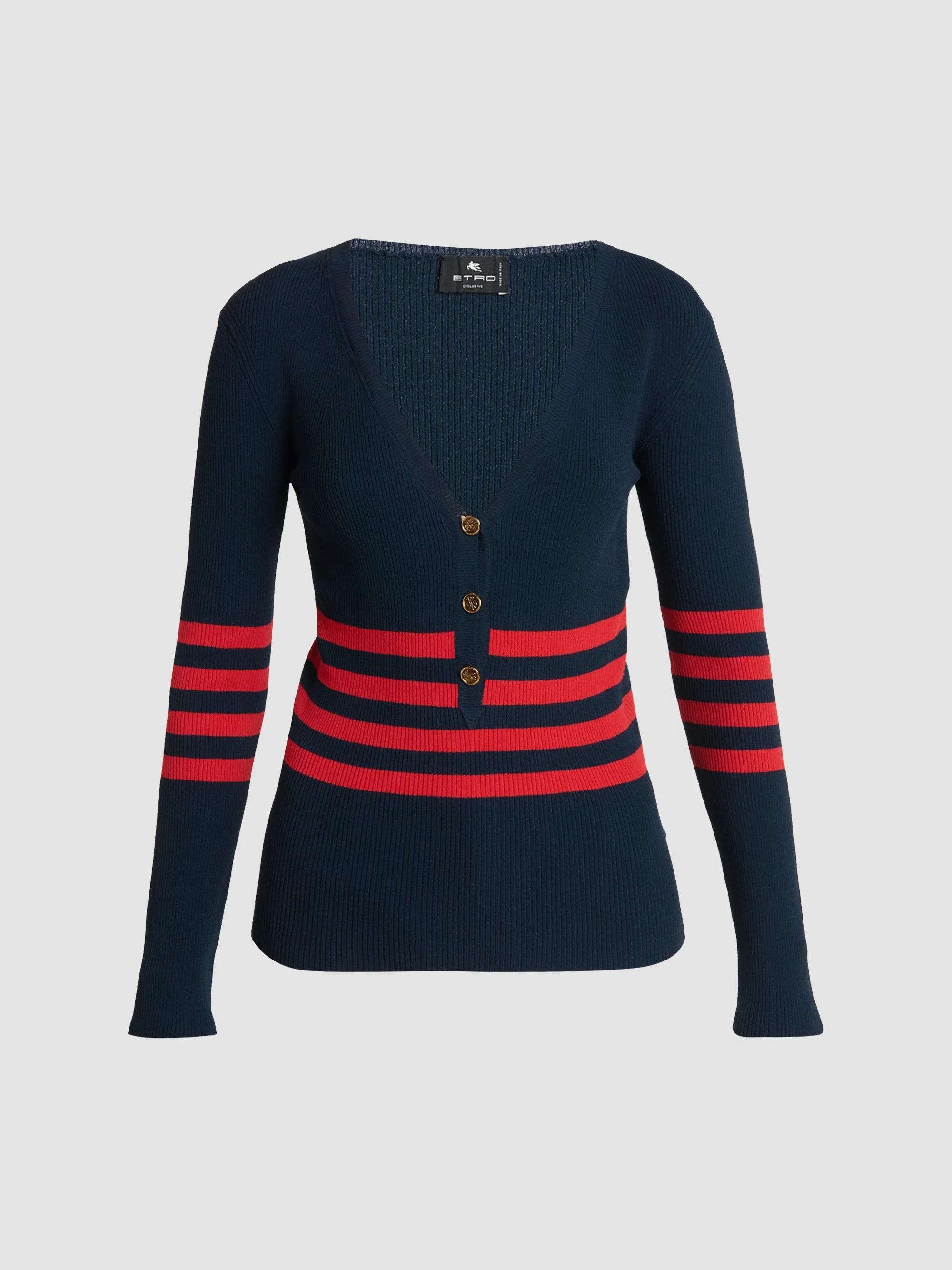 Women's Striped Jacquard V-Neck Cardigan - Marine - 1