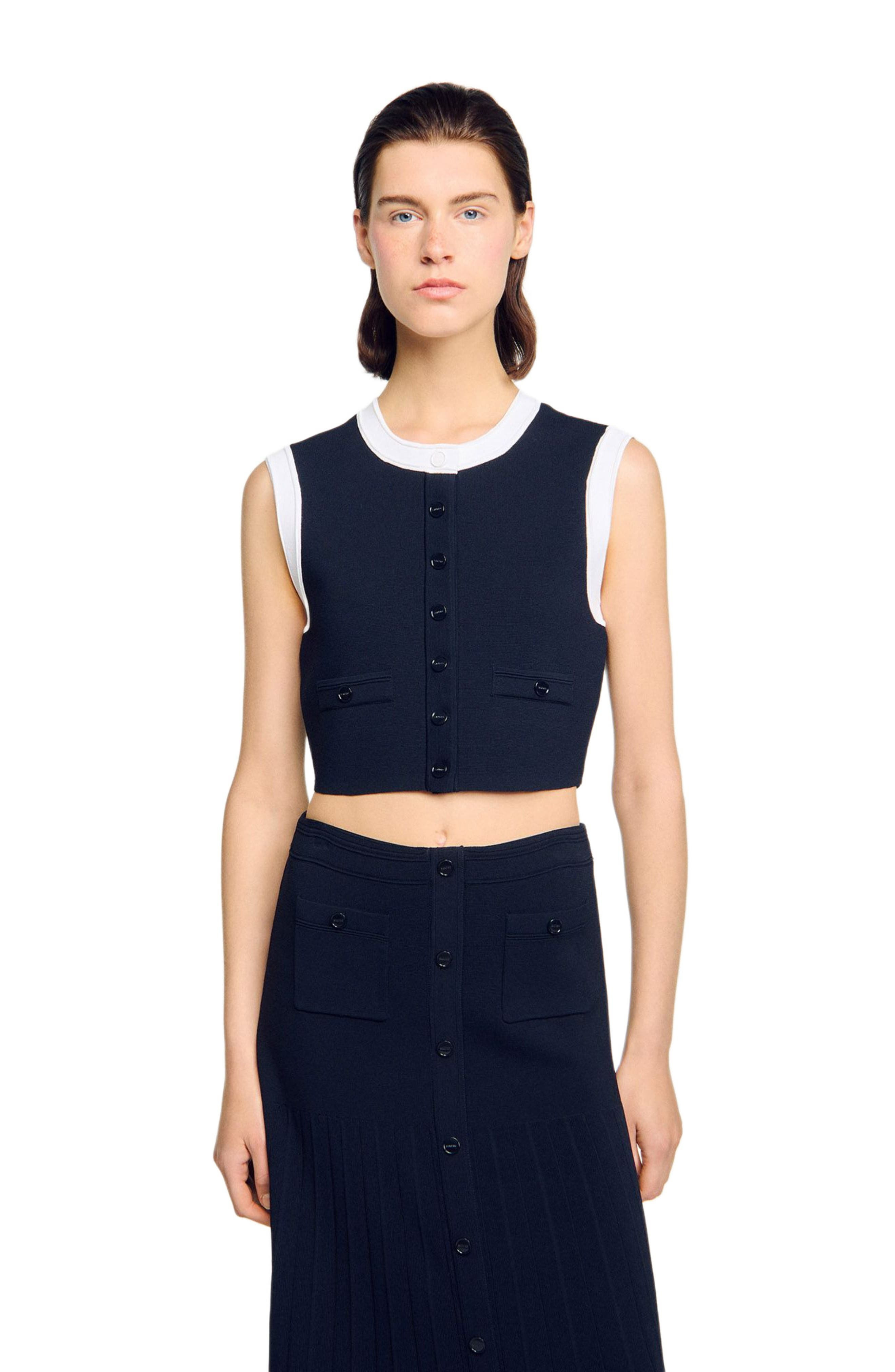 SANDRO Two-tone cropped cardigan in Navy Blue at Nordstrom - 4