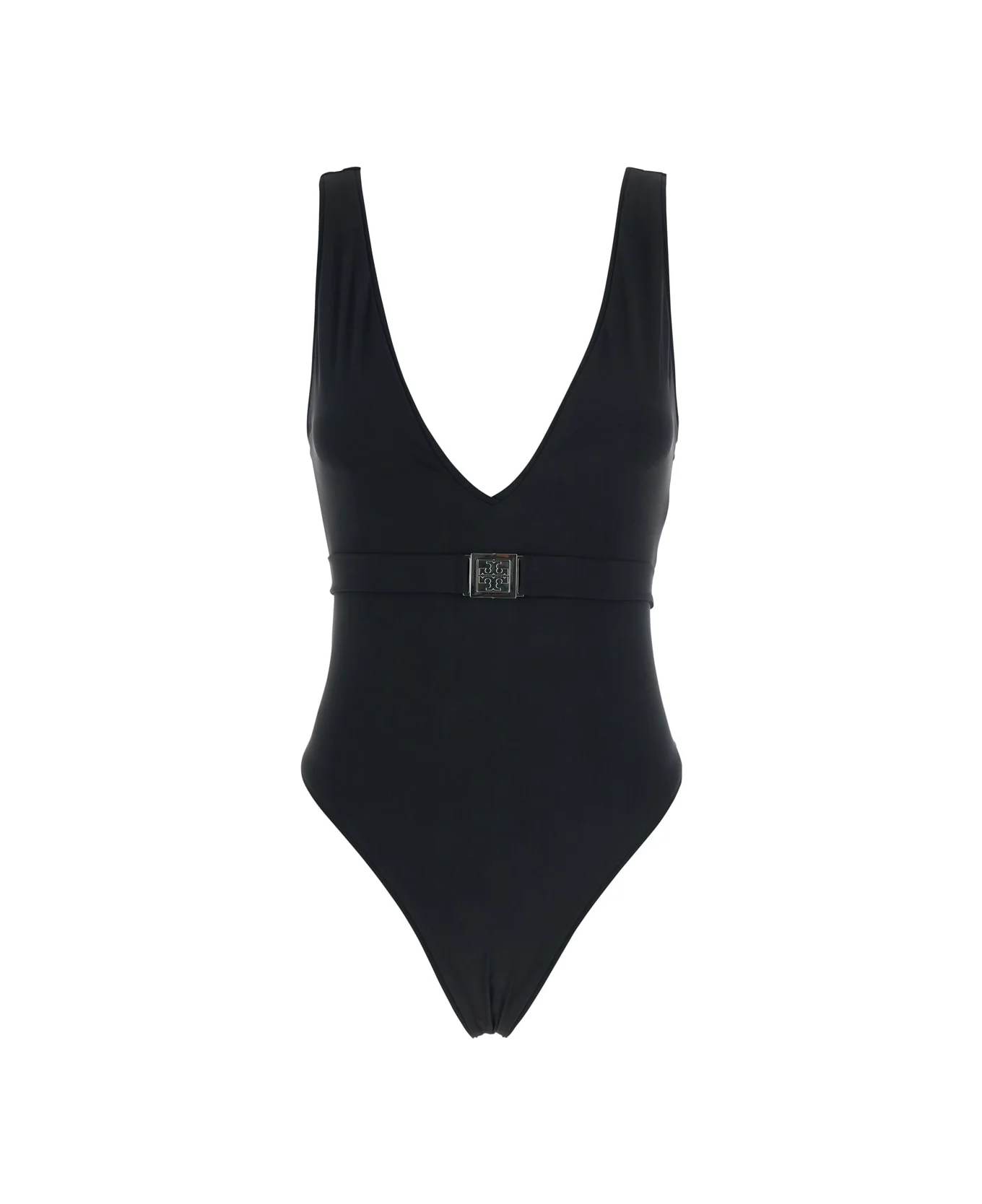 Black One-piece Swimsuit With V-neck And Belt With Plate In Tech Fabric Woman - 1