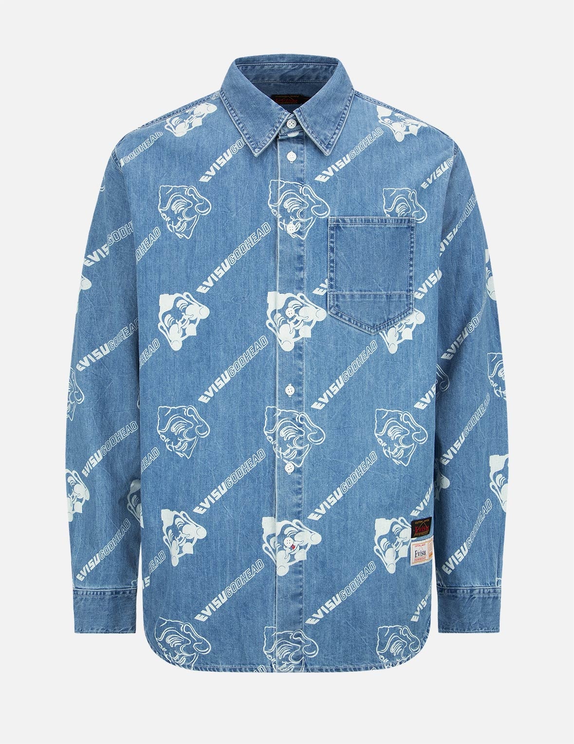 Allover Godhead and Logo Discharged  Print Denim Shirt - 7