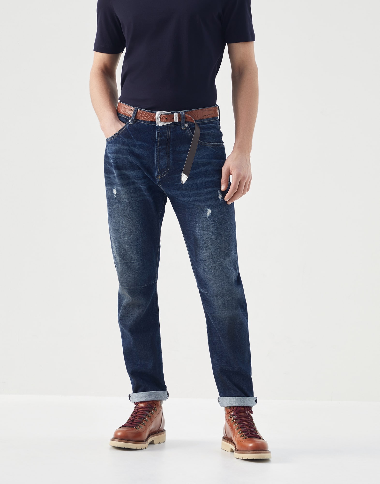 Denim leisure fit five-pocket trousers with rips - 1