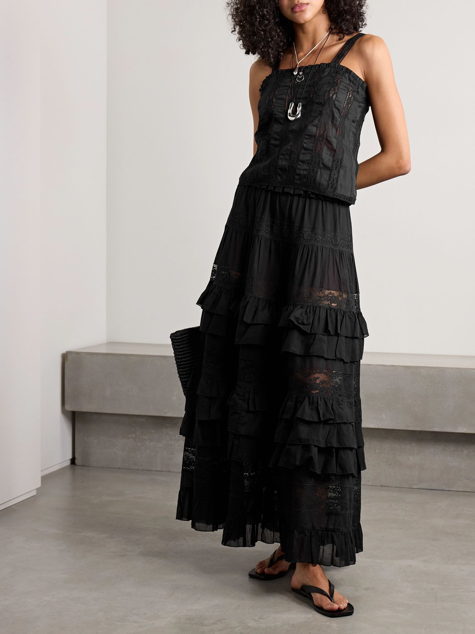 Radda ruffled paneled cotton-voile and lace top Black - 2