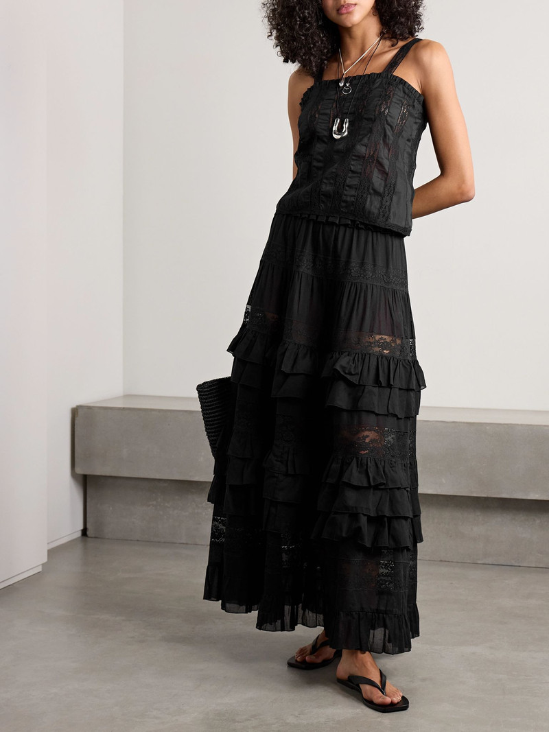 LORETTA CAPONI Radda ruffled paneled cotton-voile and lace top Black outlook