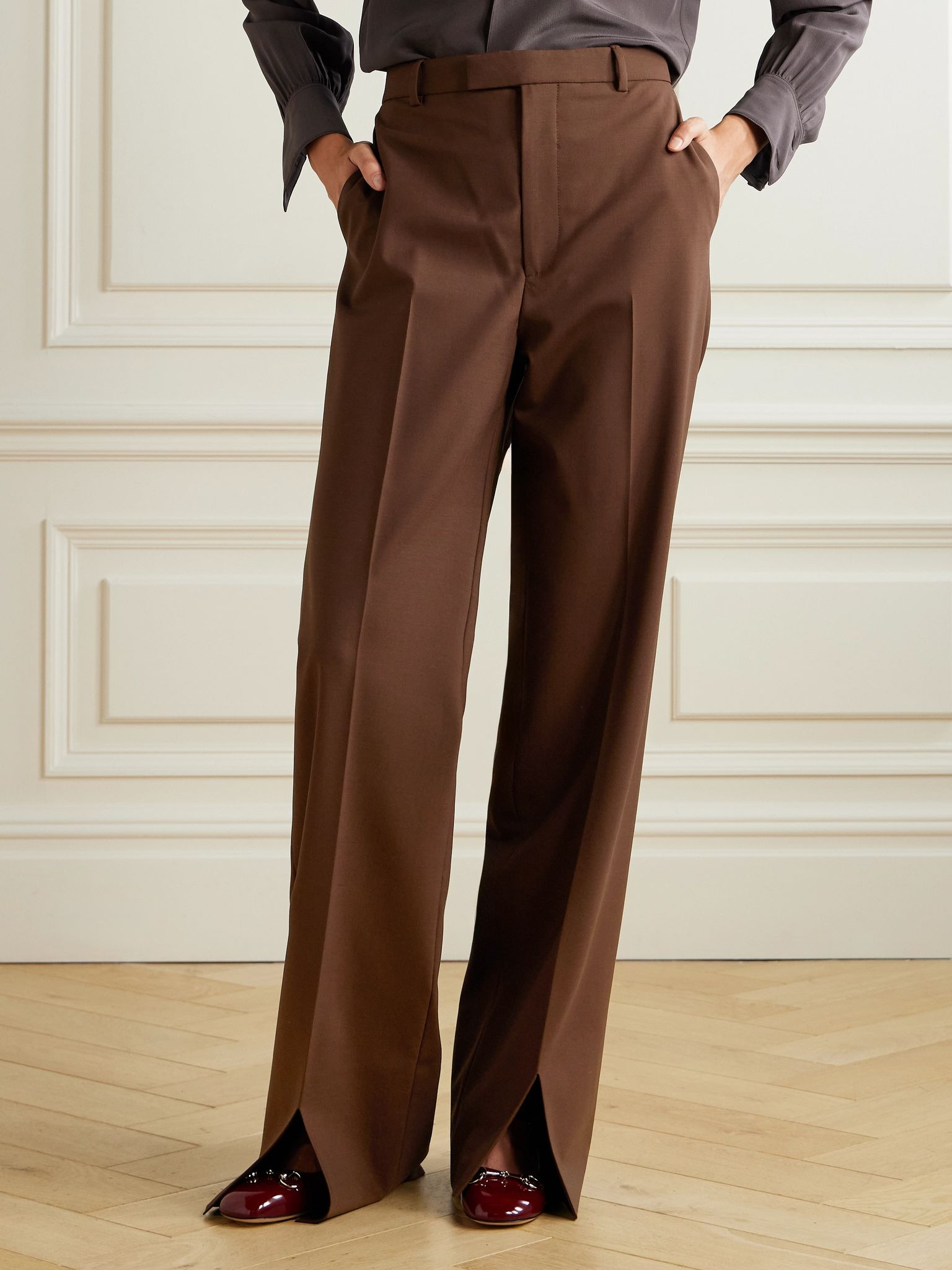 Wool-blend wide-leg pants Brown - 3