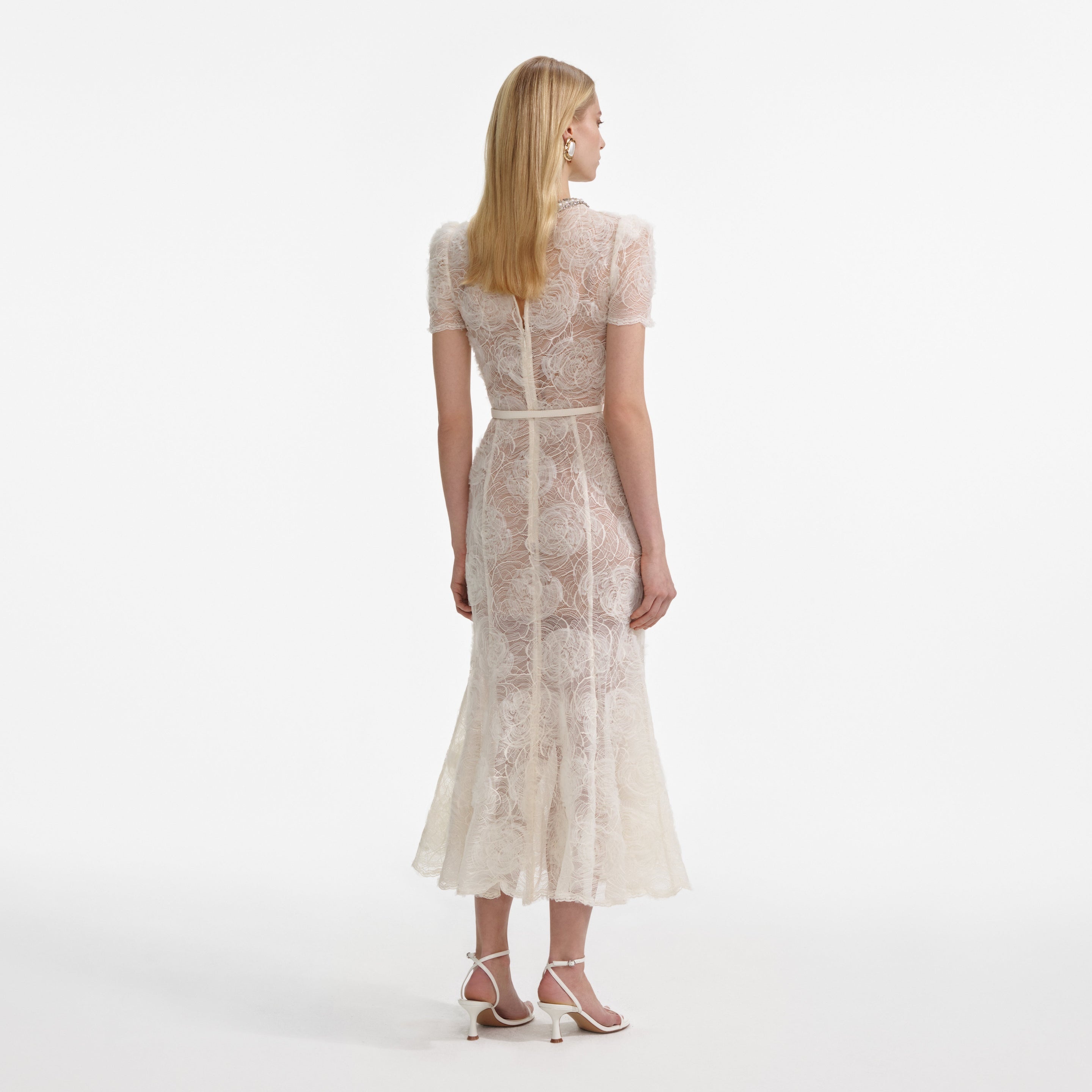 Cream Tulle Lace Midi Dress - 3