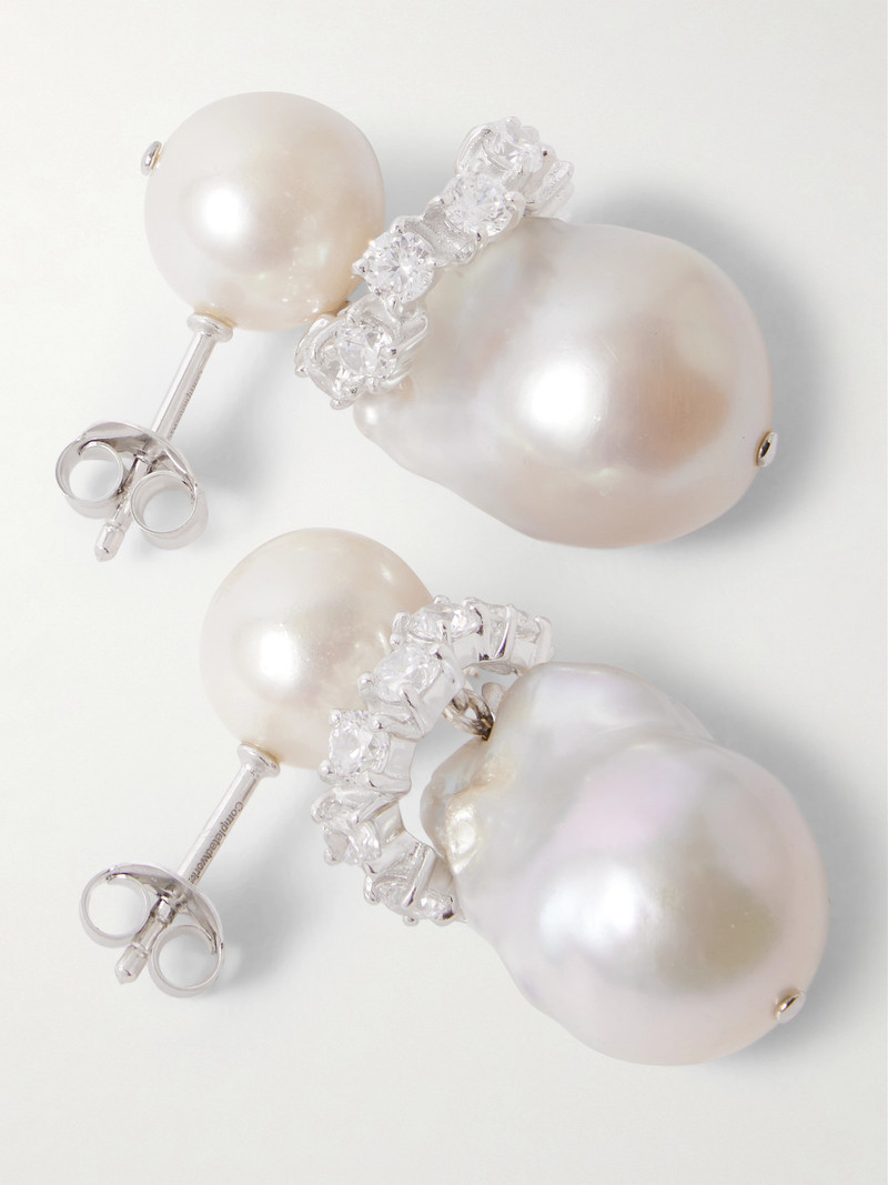 Rhodium-plated Recycled Silver Pearl And Crystal Earrings 3