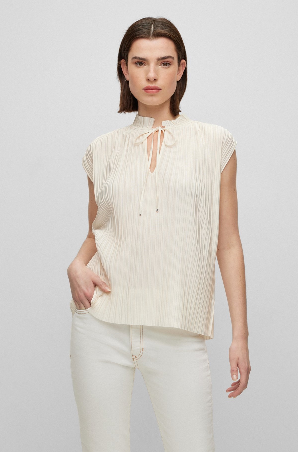 PLISSÉ JERSEY TOP WITH TIE NECKLINE - 2