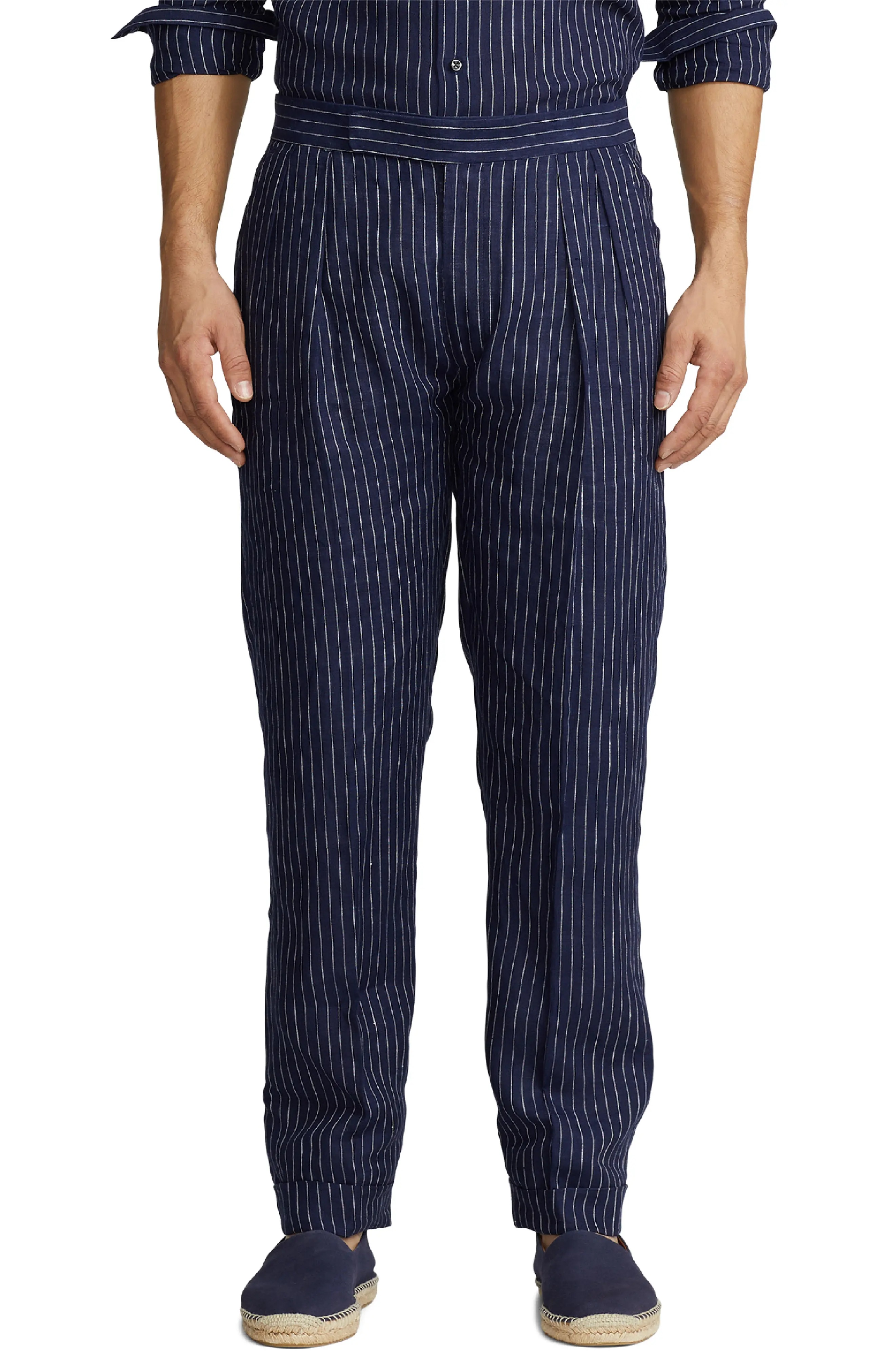 Glenn Pinstripe Cuff Hem Linen Trousers in Spring Navy/Cream - 1