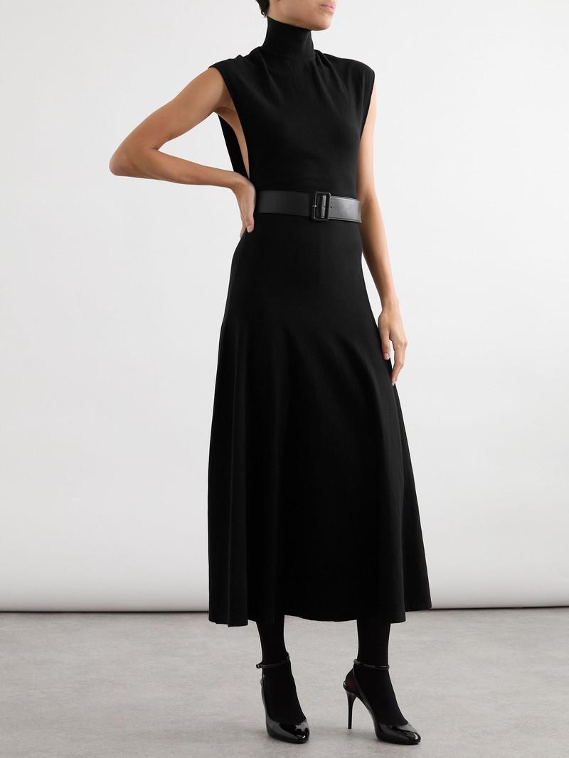Alaïa Belted leather-trimmed wool-blend turtleneck midi dress Black outlook