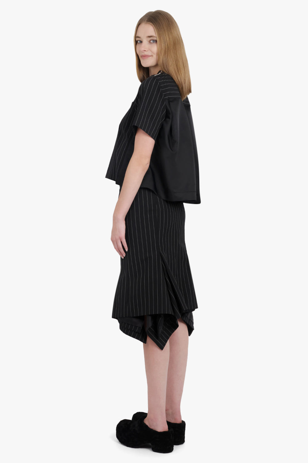 ASYMMETRIC FLARED HEM STRIPE MIDI SKIRT WITH BUTTON DETAIL | BLACK/WHITE - 5