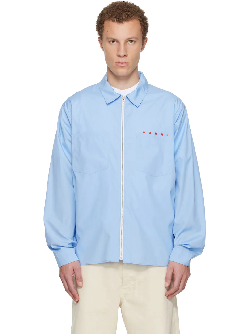 Blue Hidden Logo Organic Poplin Zip Shirt - 1