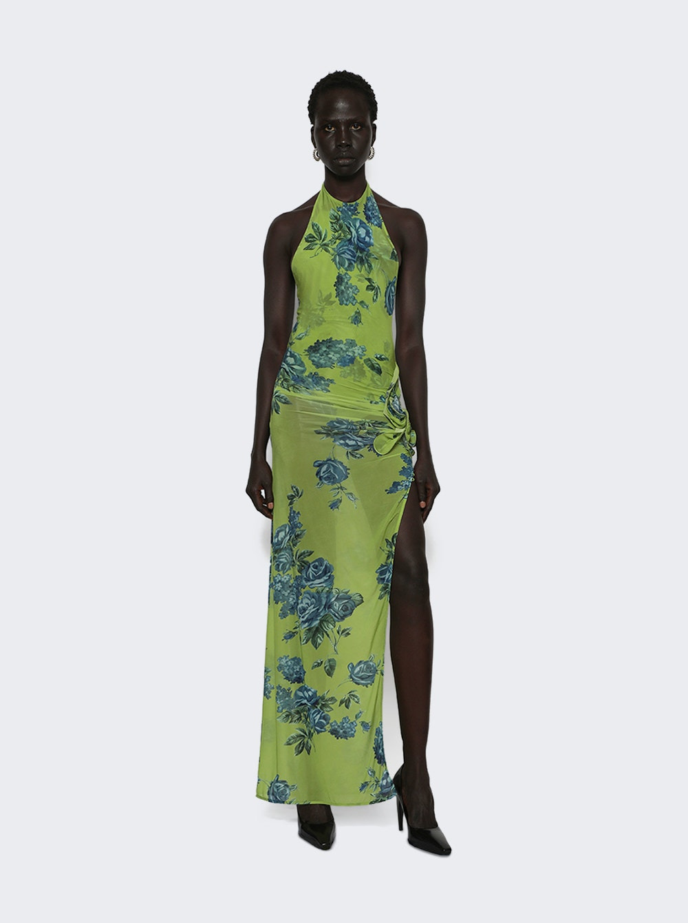 High Neck Floral Applique Midi Dress Green - 5