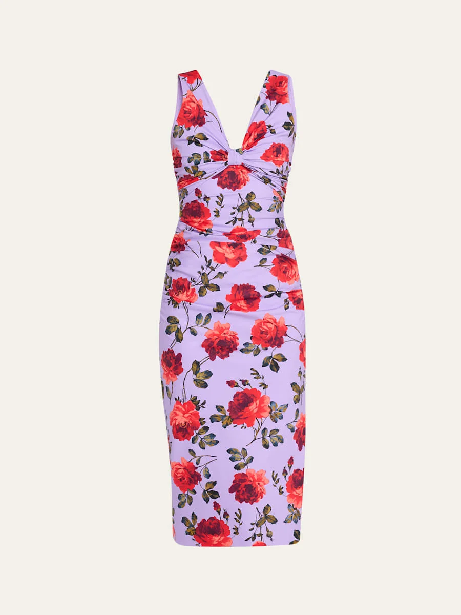 Rose-Print Gathered Silk Sleeveless Dress - 1