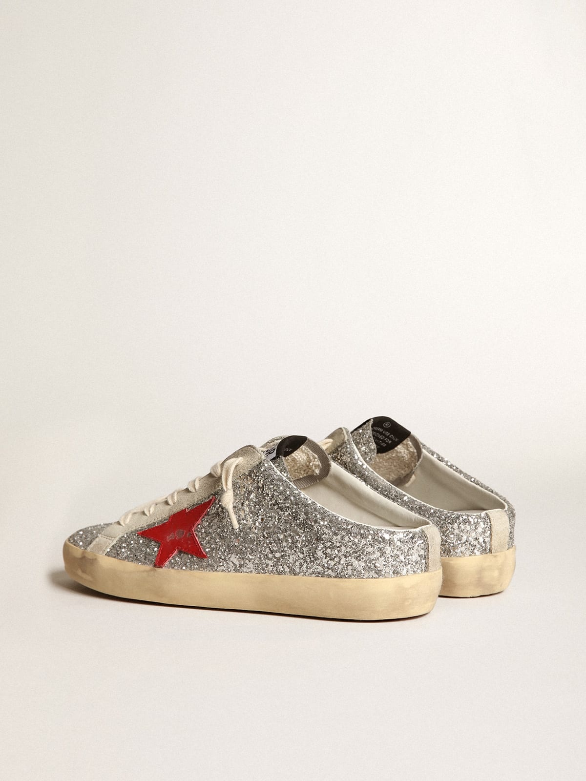 Super-Star Sabots in silver glitter with red leather star - 5