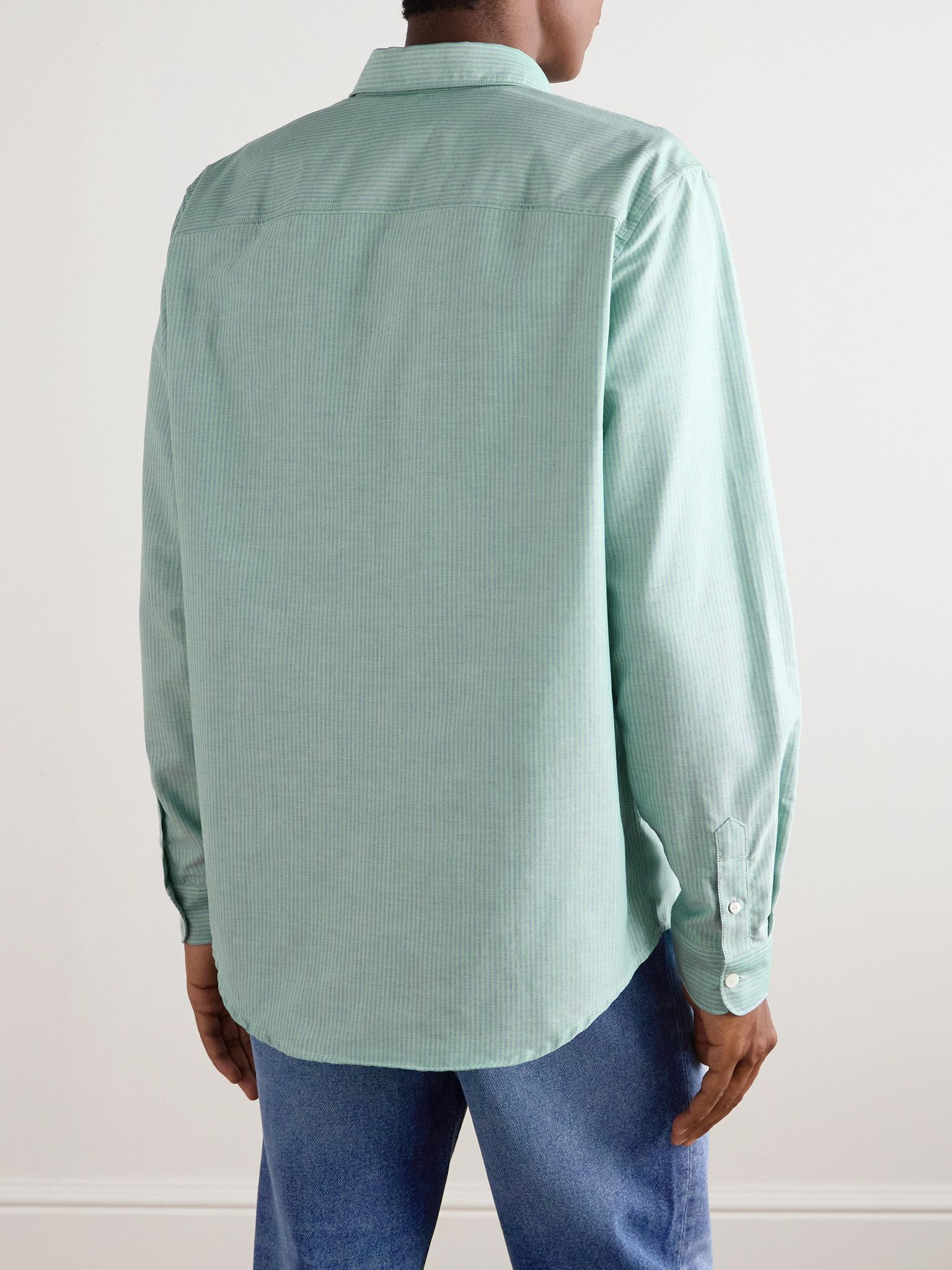 Greg Button-Down Collar Logo-Embroidered Striped Cotton Shirt Green - 3