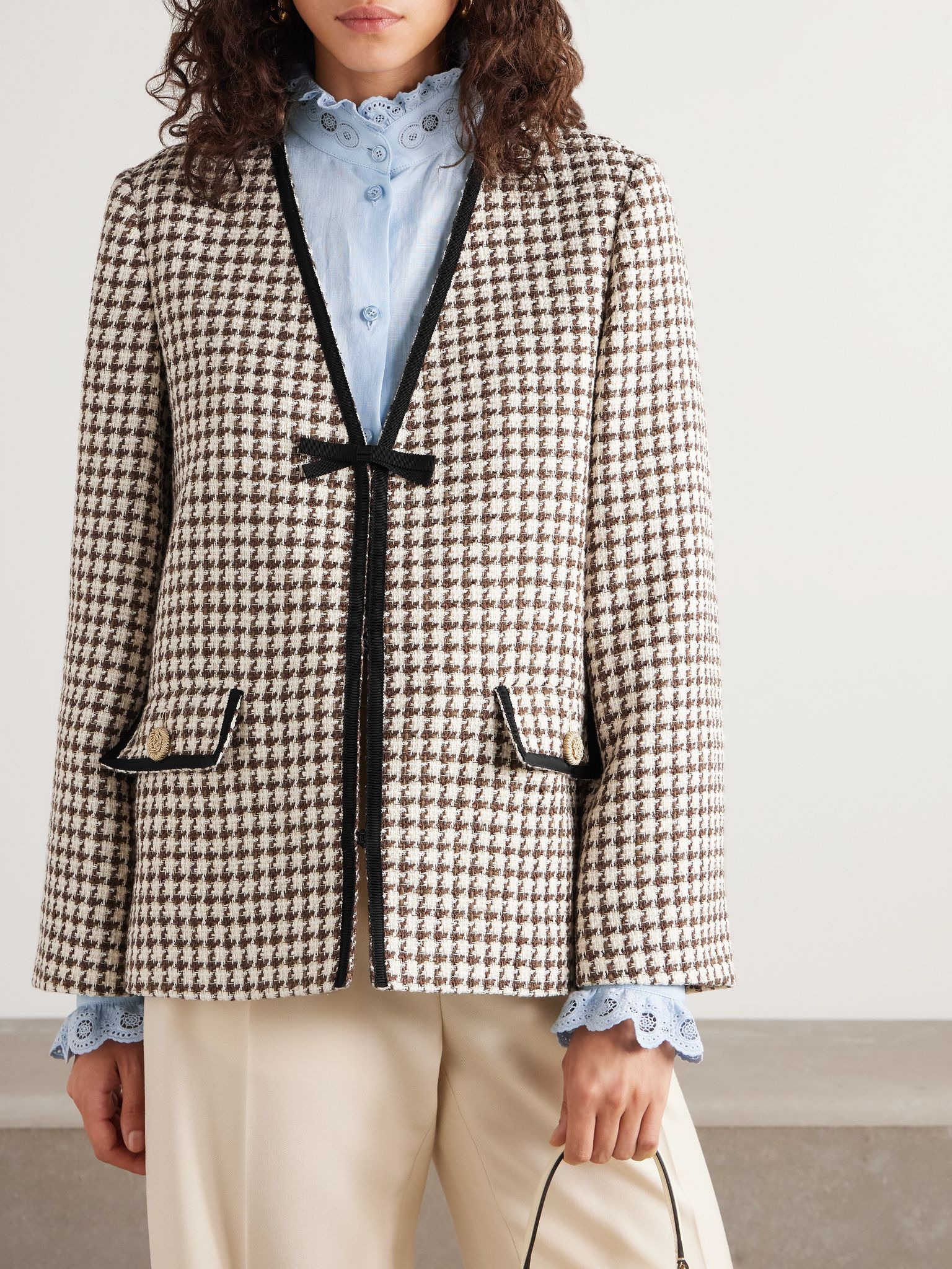 Grosgrain-trimmed houndstooth cotton-blend tweed jacket Cream - 3