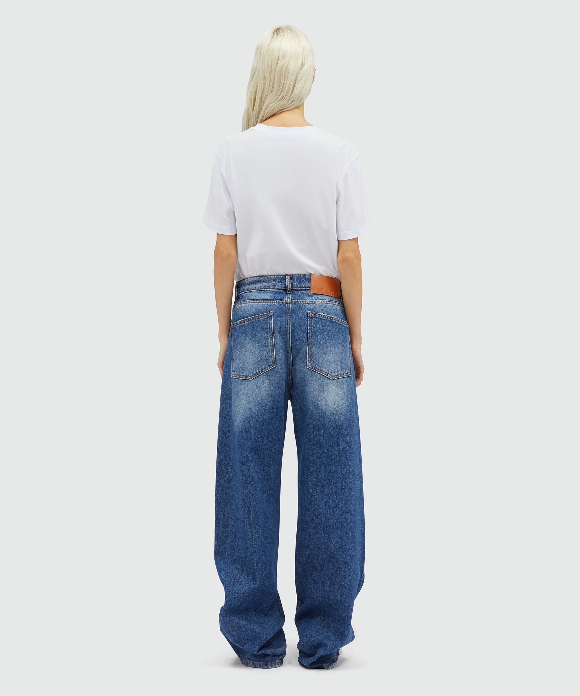Wide-leg pre-washed effect blue denim pants - 3