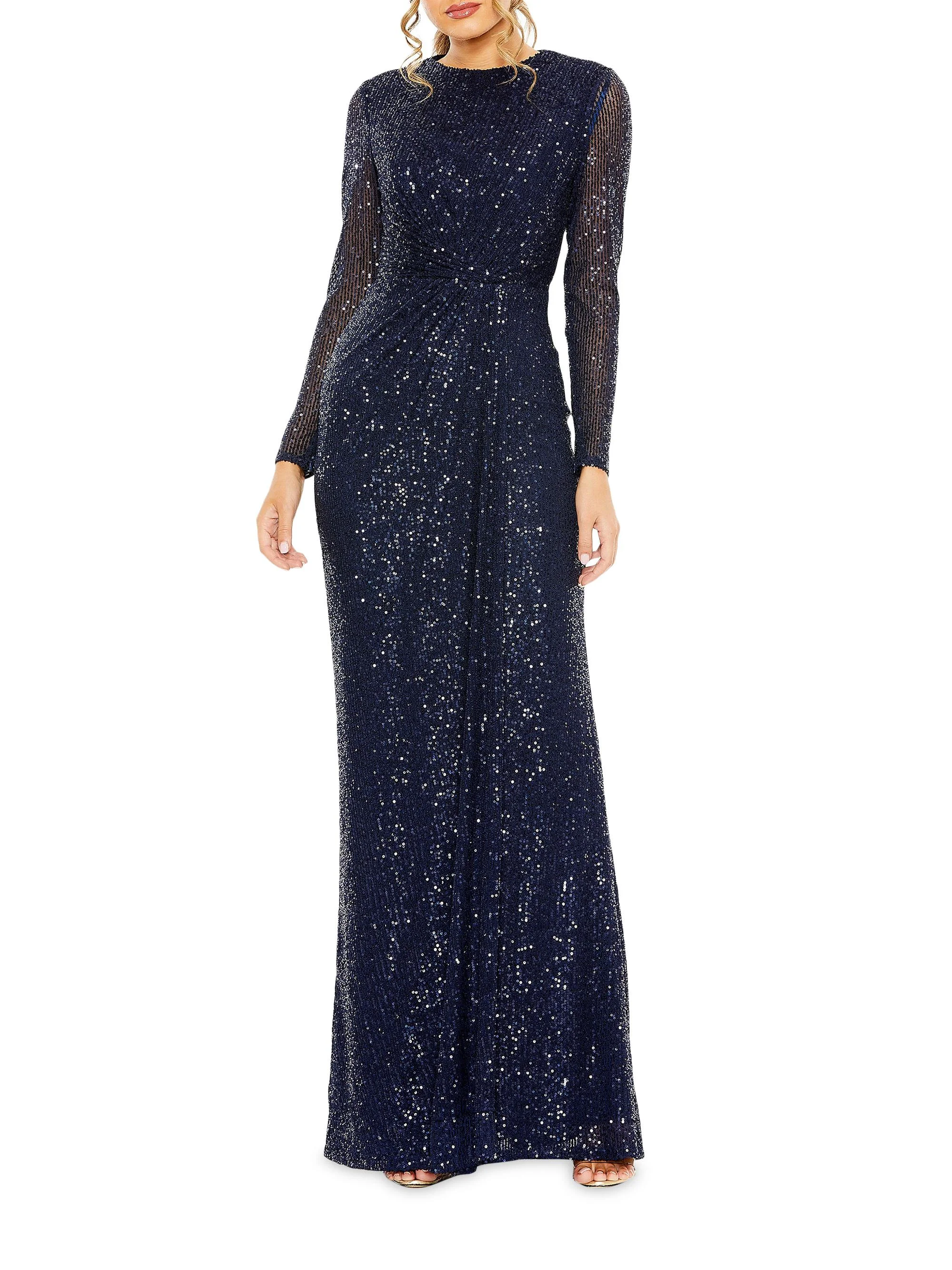 Women's Sequined Knotted Column Gown - Midnight - 1