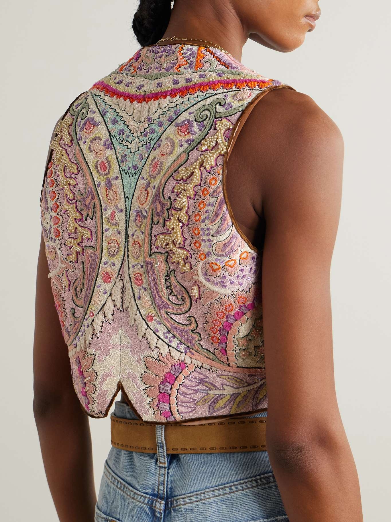 Cropped embellished linen-bouclé vest Pink - 4
