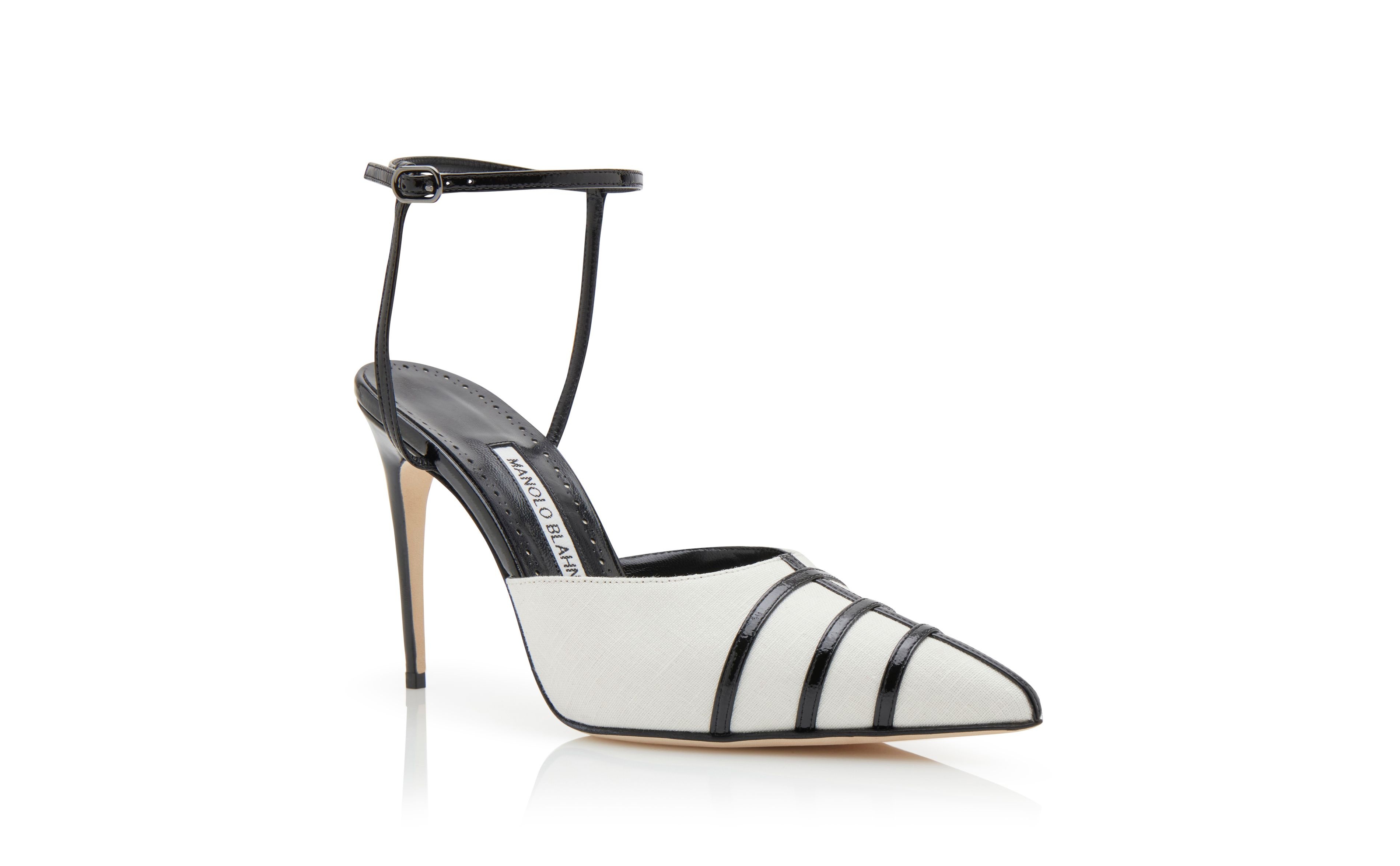 Cream and Black Linen Ankle Strap Pumps - 3