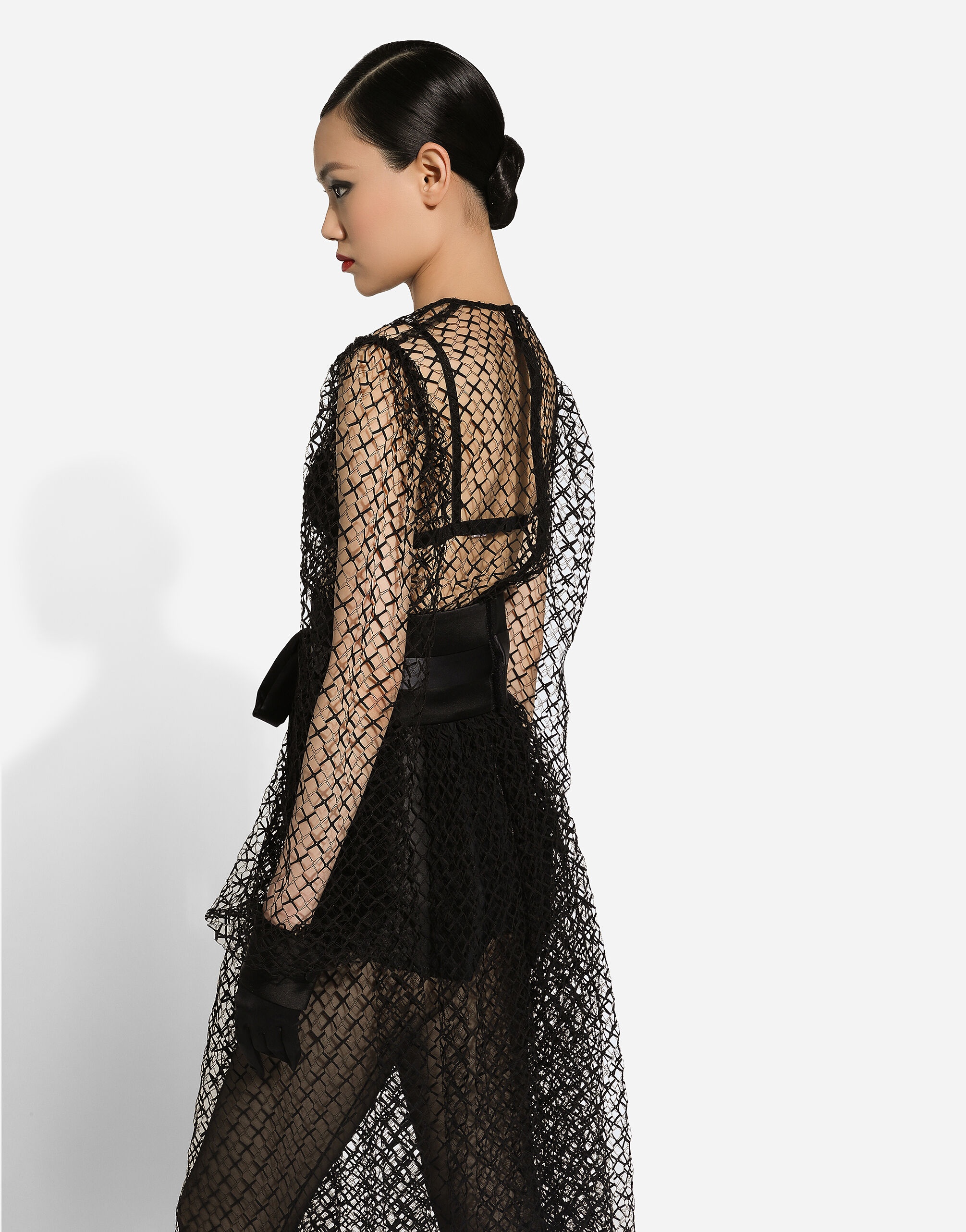 Calf-length mesh dress with wool crepe belt - 7
