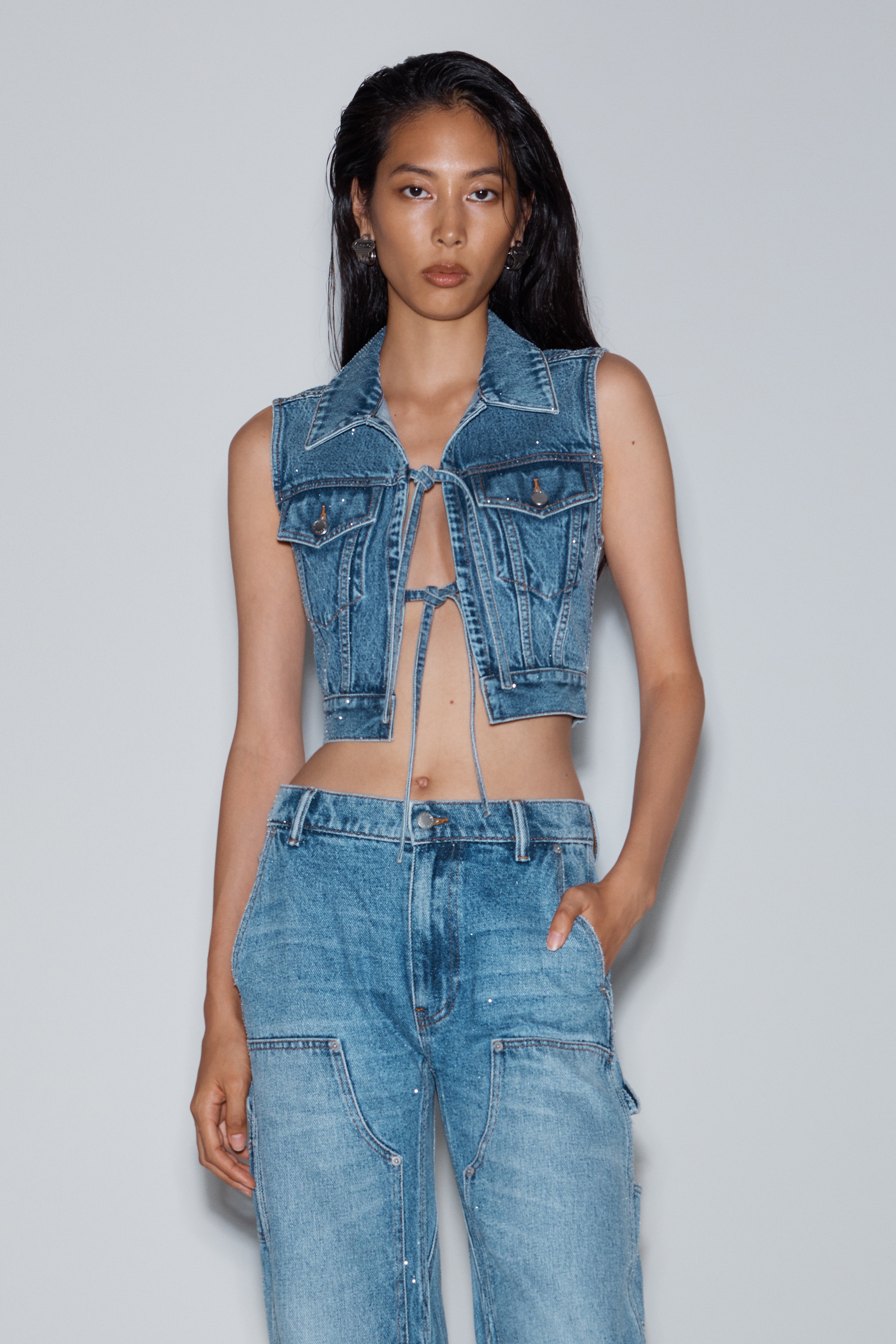 High-Waist Workwear Pant in Clear Bead Hotfix - 7