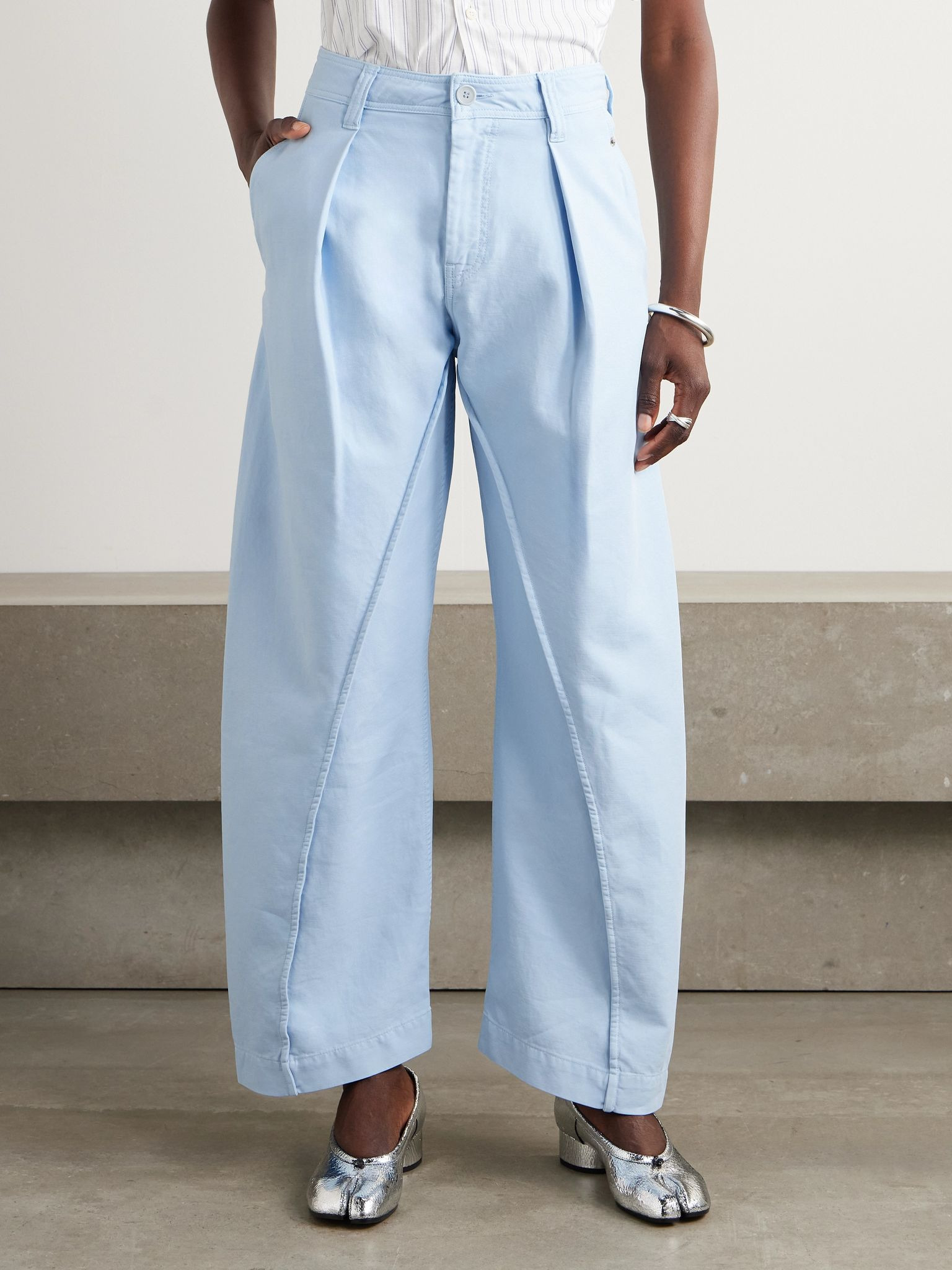 Pleated cotton-twill barrel-leg pants Light blue - 3