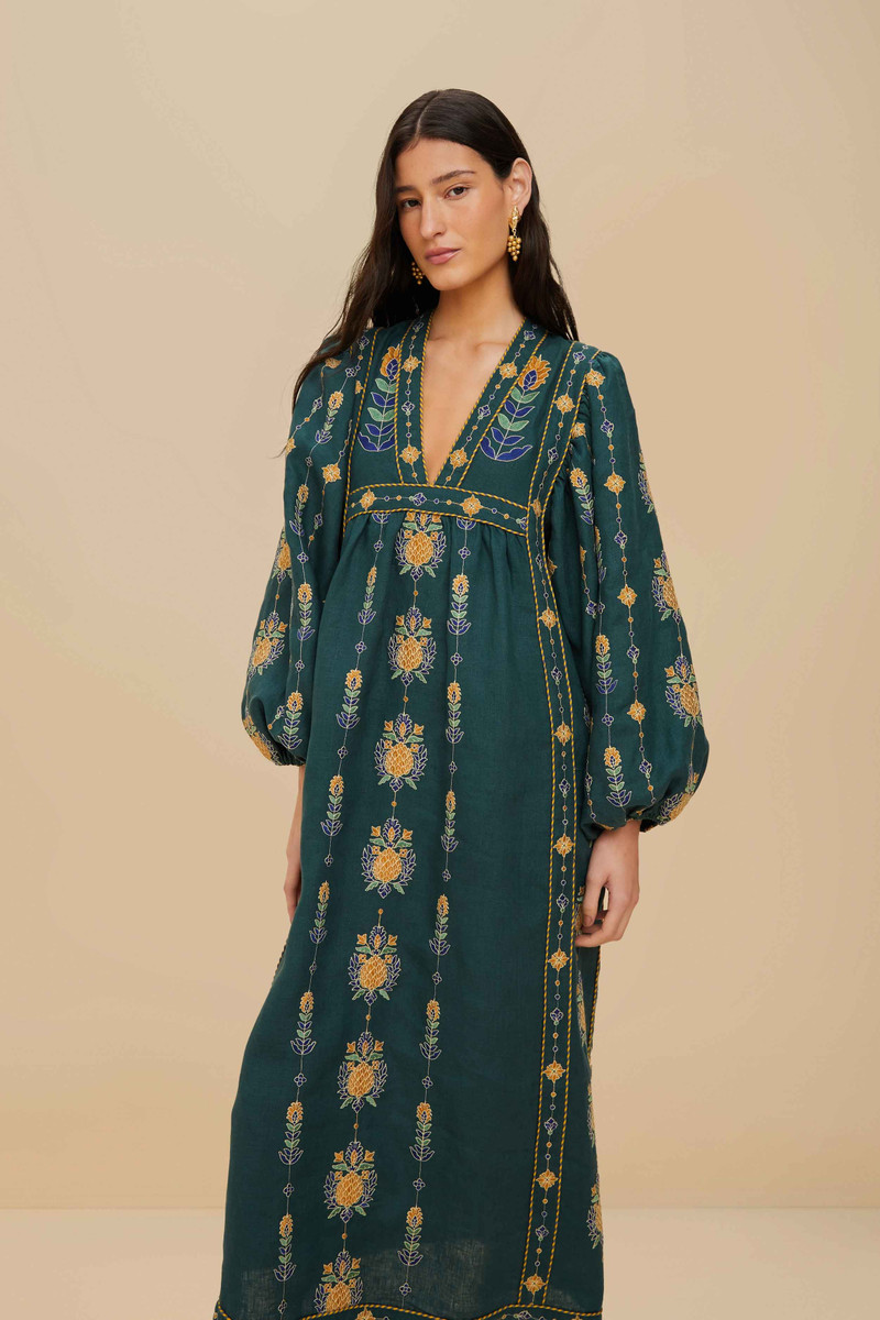 FARM RIO Green Pineapple Embroidered Euroflax™ Premium Linen Tunic Maxi Dress outlook