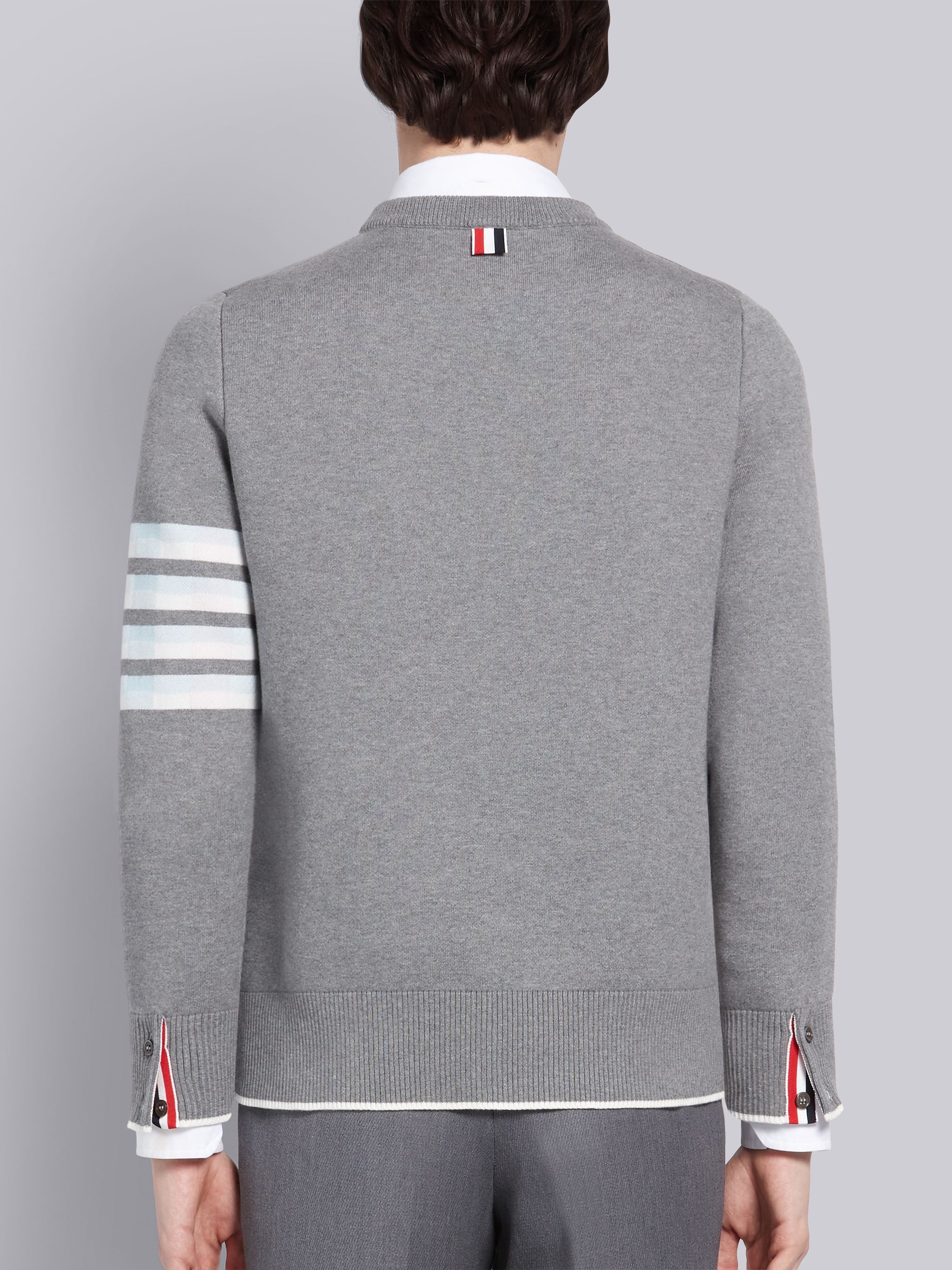 Light Grey Cotton Crepe Buffalo Check Jacquard Hector Icon Crewneck 4-Bar Pullover - 2