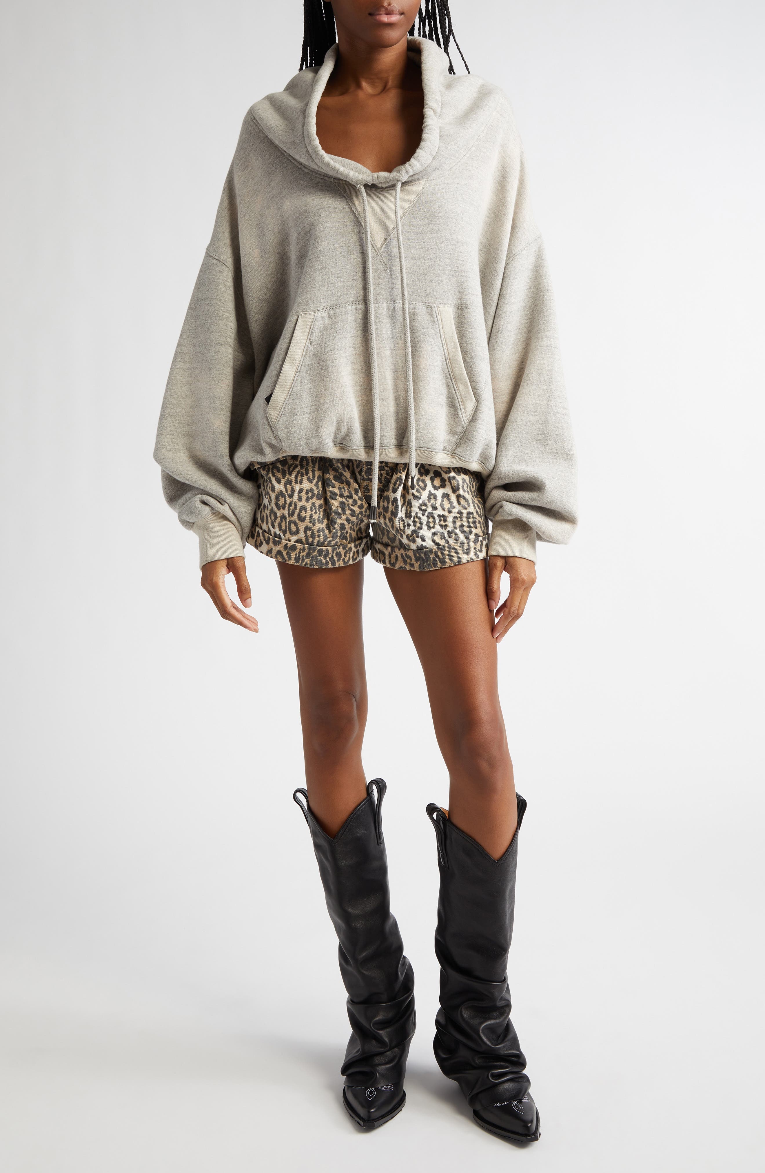 R13 Leopard Print Pleated Pouch Pocket Denim Shorts in Ecru Leopard at Nordstrom - 2
