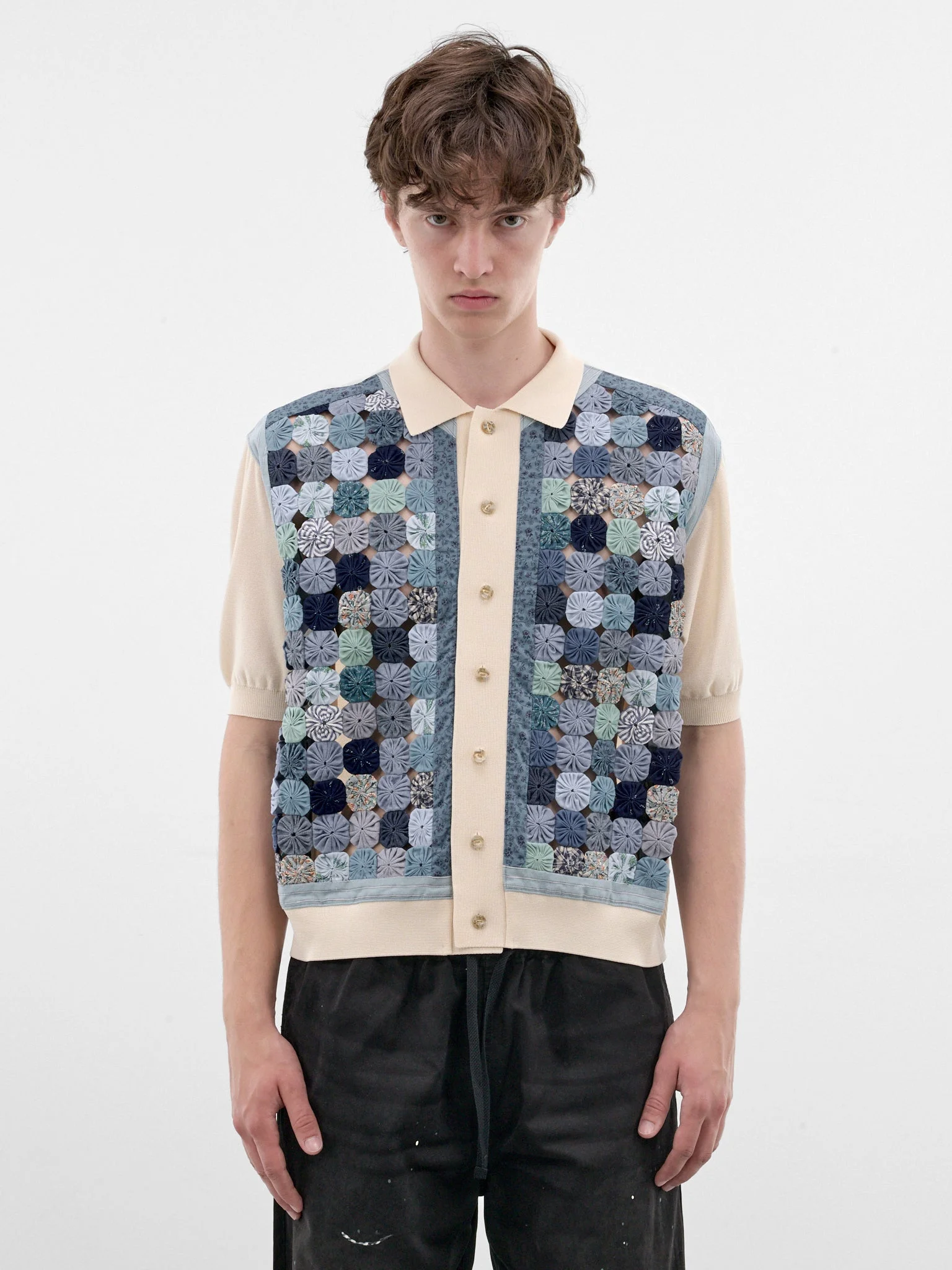 Blue Rosette Patchwork Knit Polo - 1