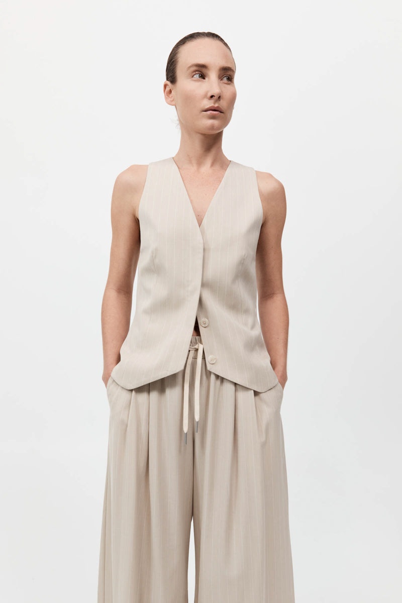 Pinstripe Wool Vest - Latte - 2