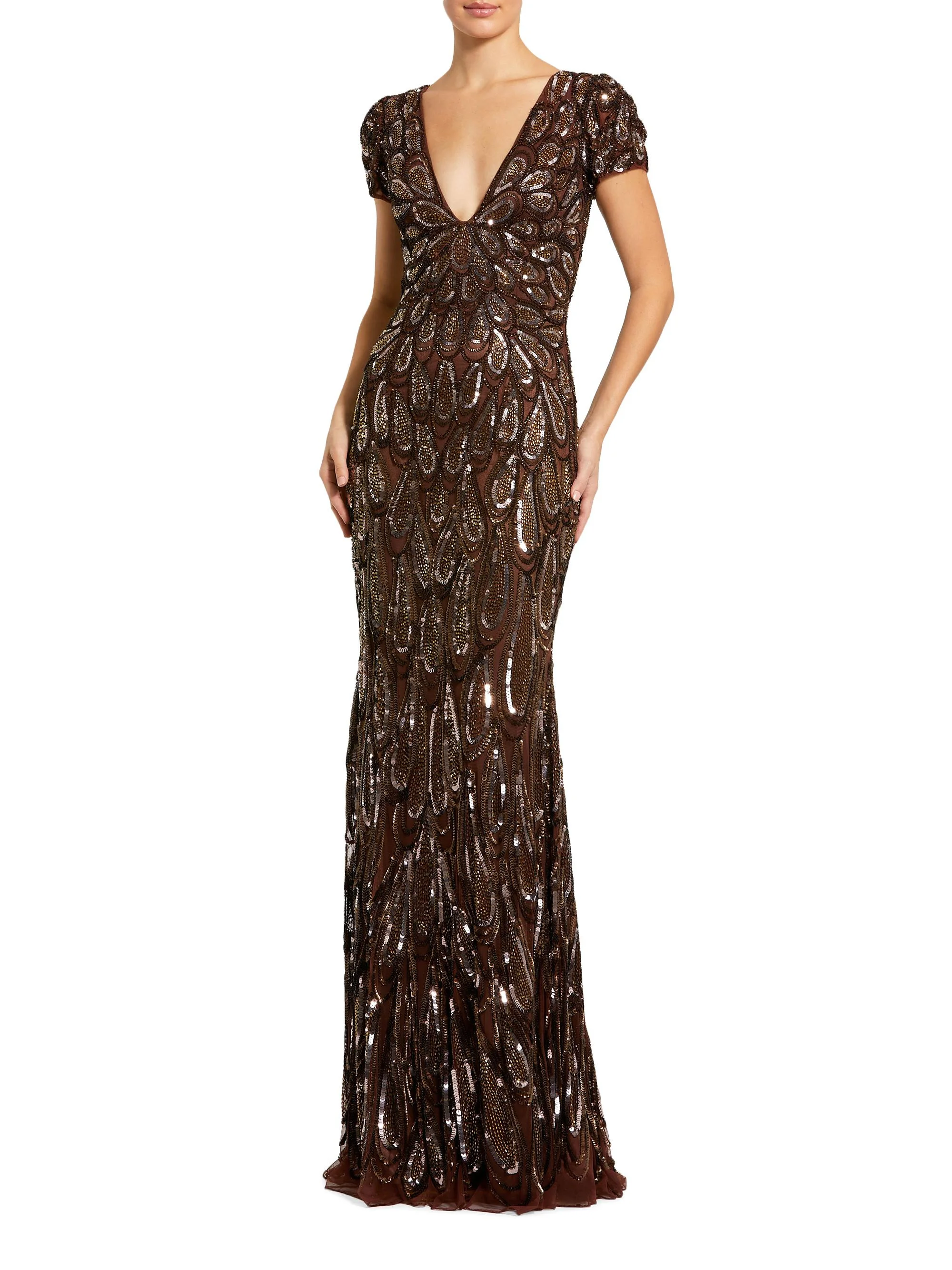 Women's Sequin & Bead-Embellished Jersey Gown - Chocolate - 1