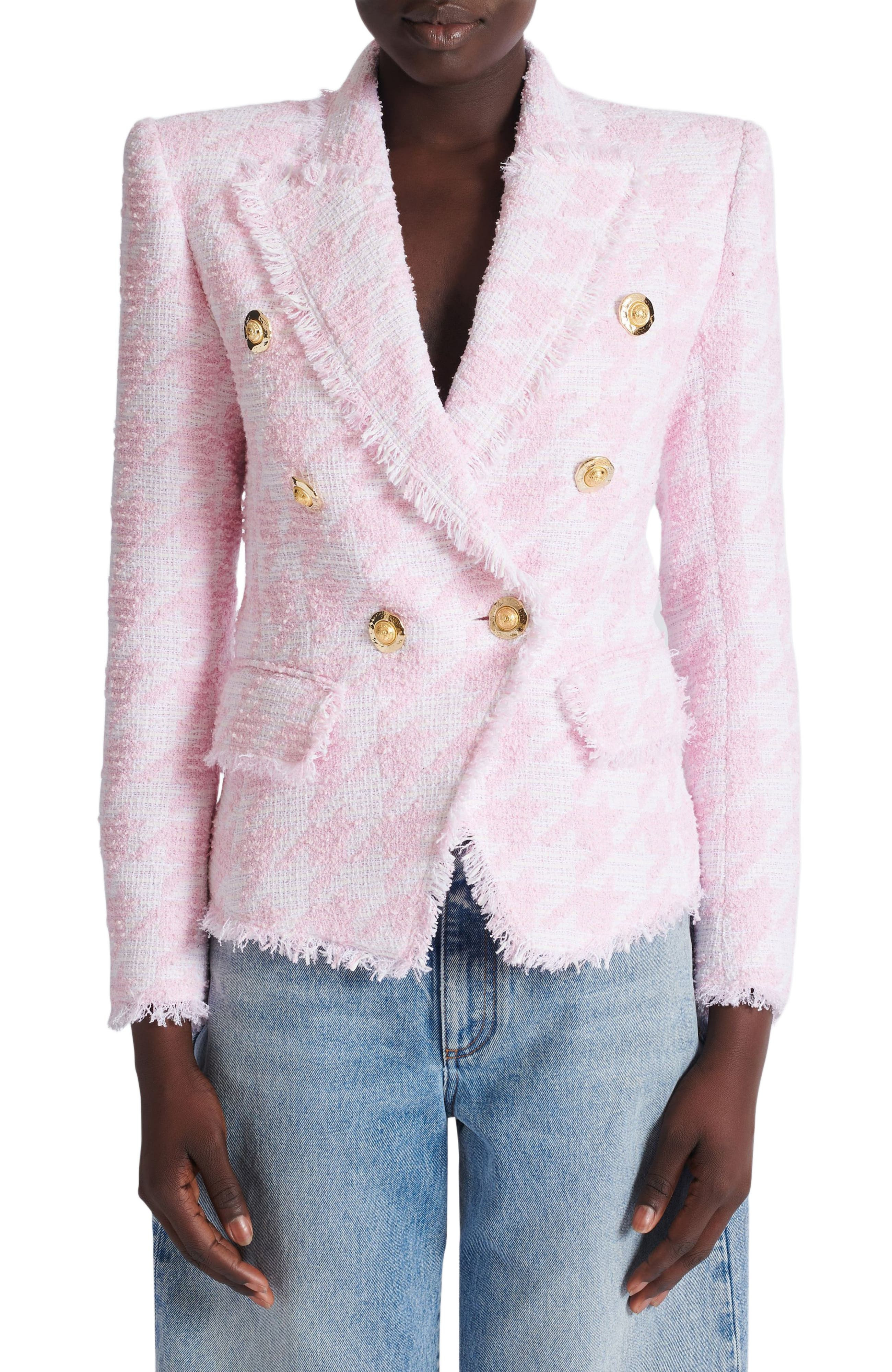 Balmain 6-button houndstooth tweed fitted jacket in Pink at Nordstrom - 6