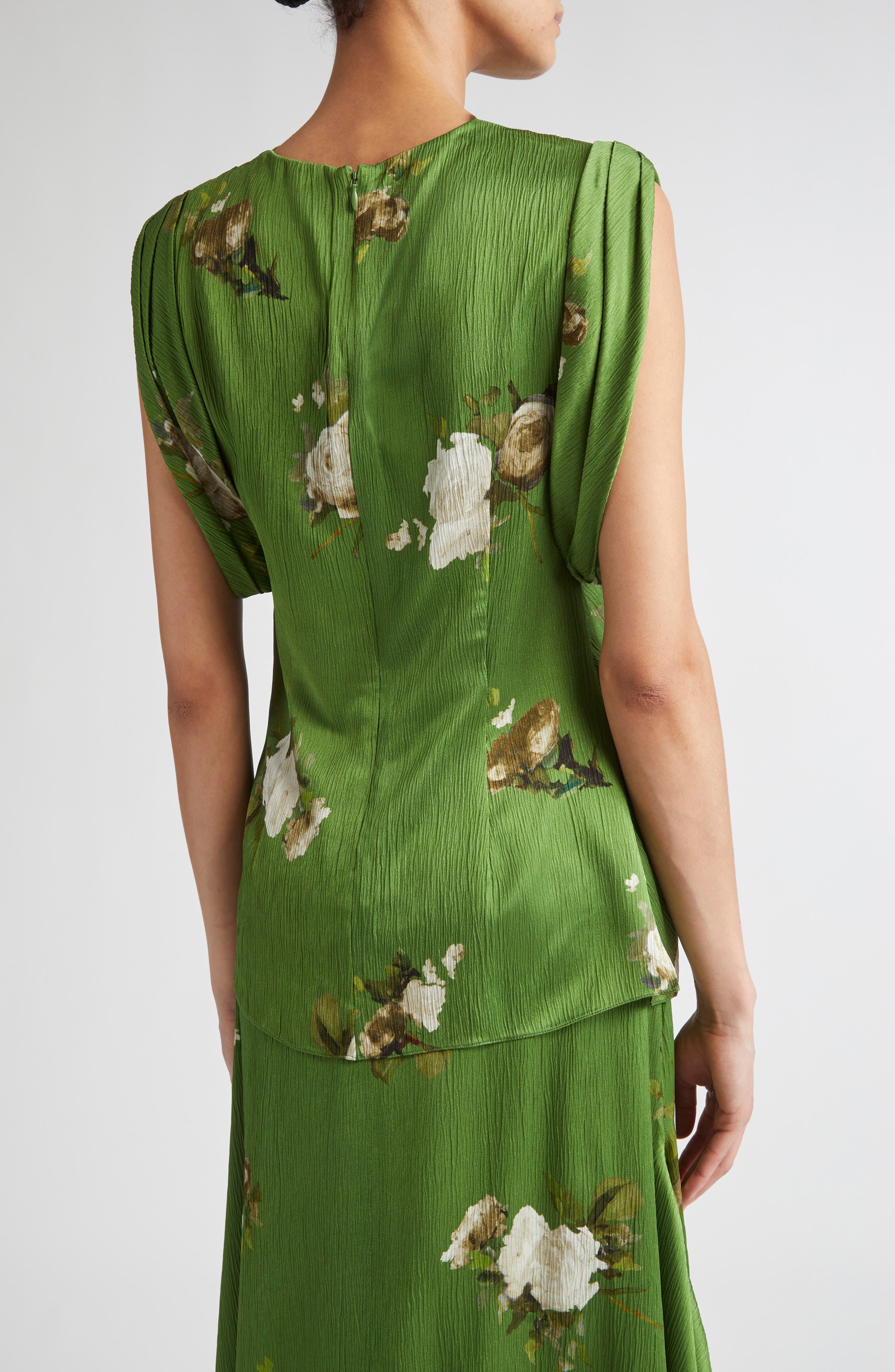 Erdem Painted Rose Print Crinkled Satin Top in Painted Rose Bouquet Olive at Nordstrom - 3