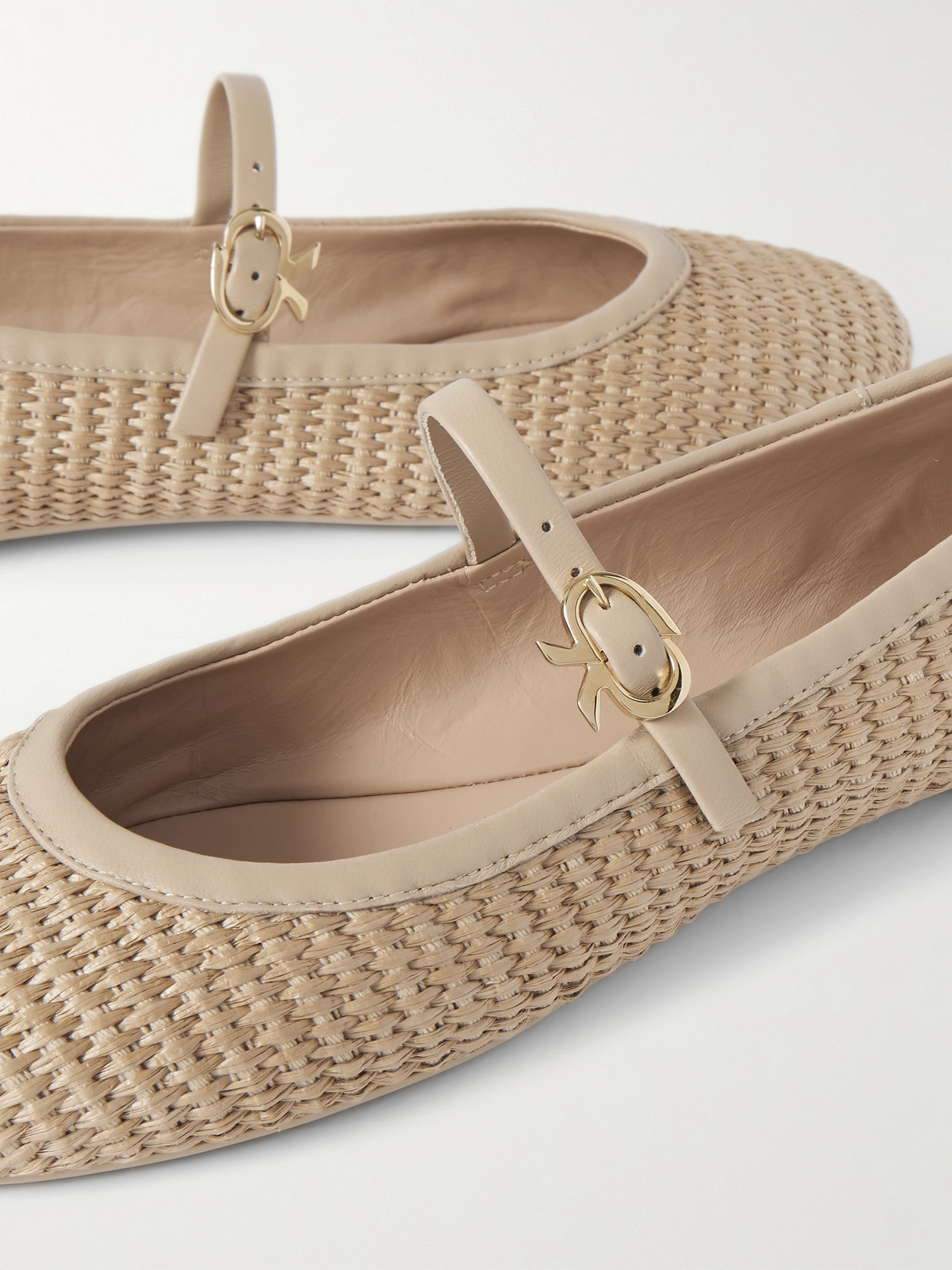 Carla Leather-trimmed Raffia Mary Jane Ballet Flats - 4
