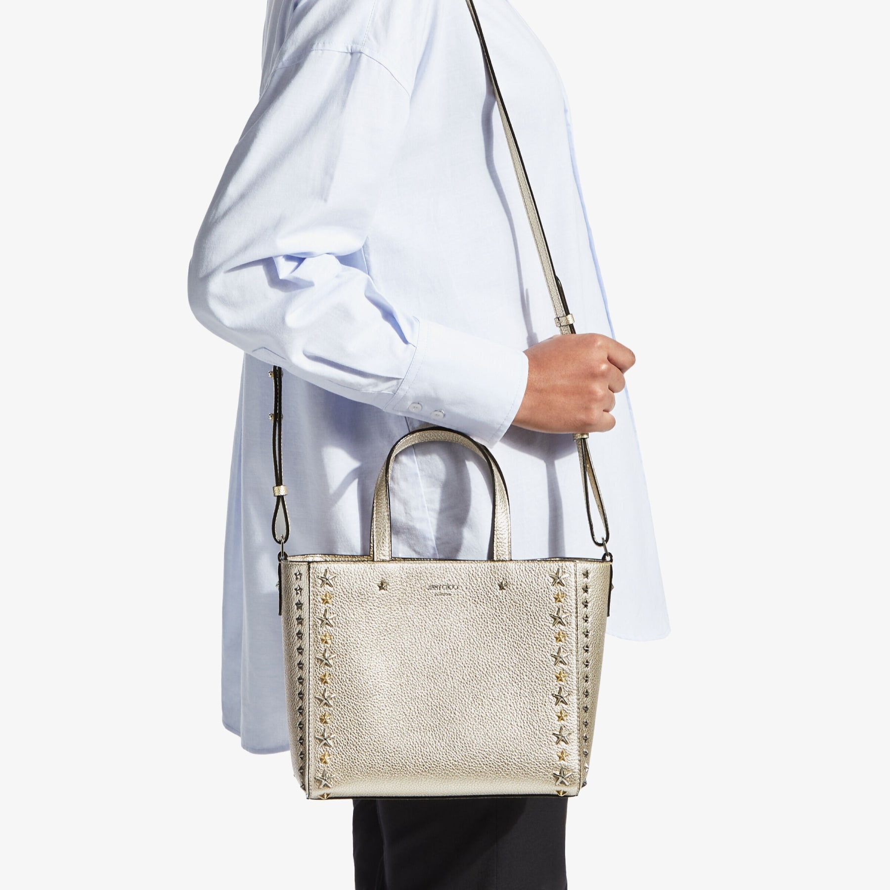 Pegasi/s Tote
Light Gold Metallic Soft Grainy Calf Small Tote Bag with Stars Mix - 2