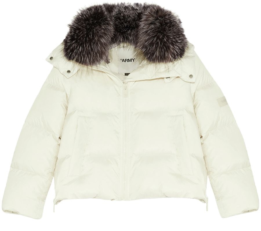 Short A-line puffer jacket made from a water-resistant performance fabric with a fox fur collar - 1