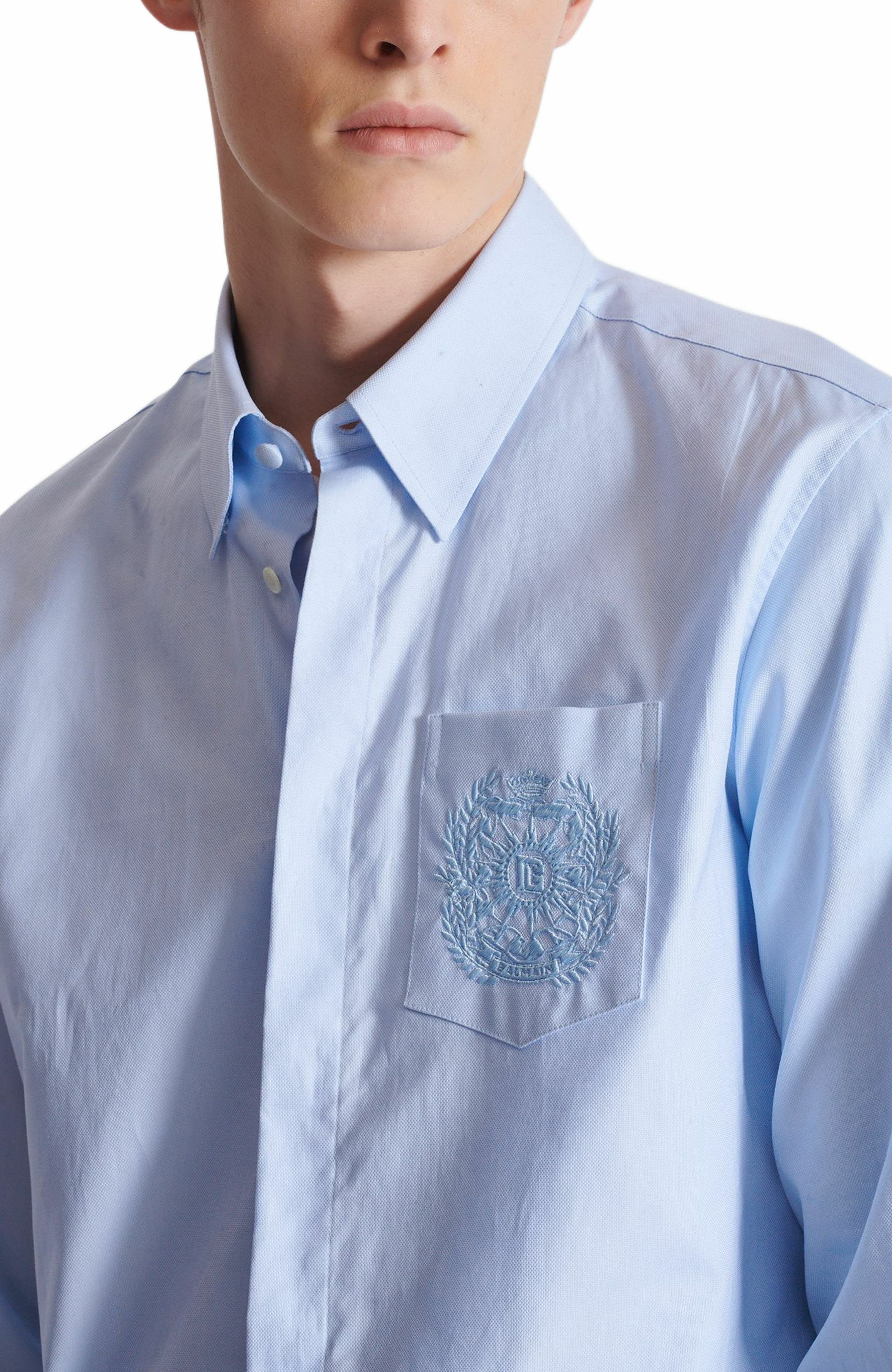 Balmain Écusson embroidered cotton shirt in Blue at Nordstrom - 6