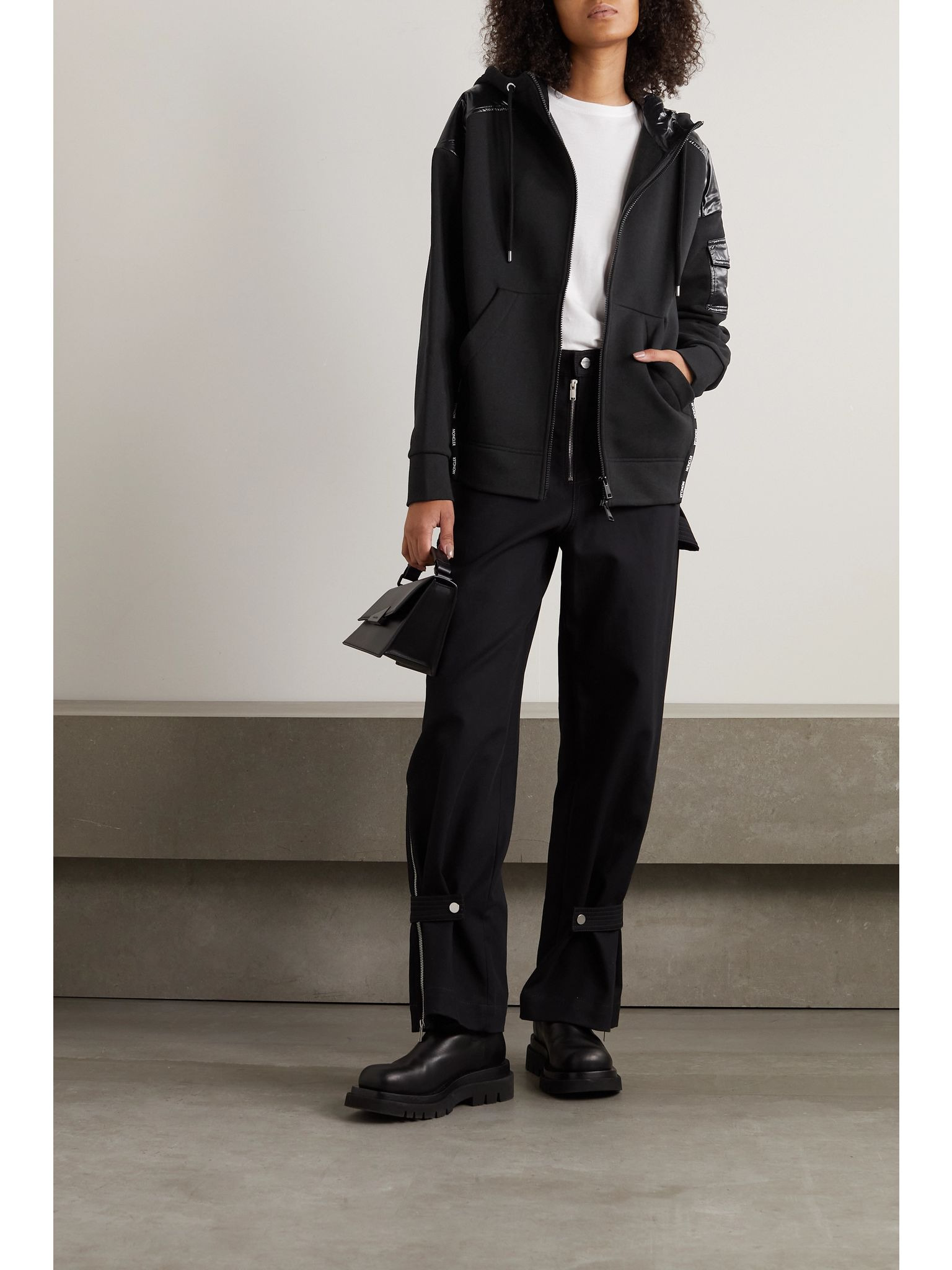 Glossed-shell trimmed cotton-jersey hoodie Black - 2