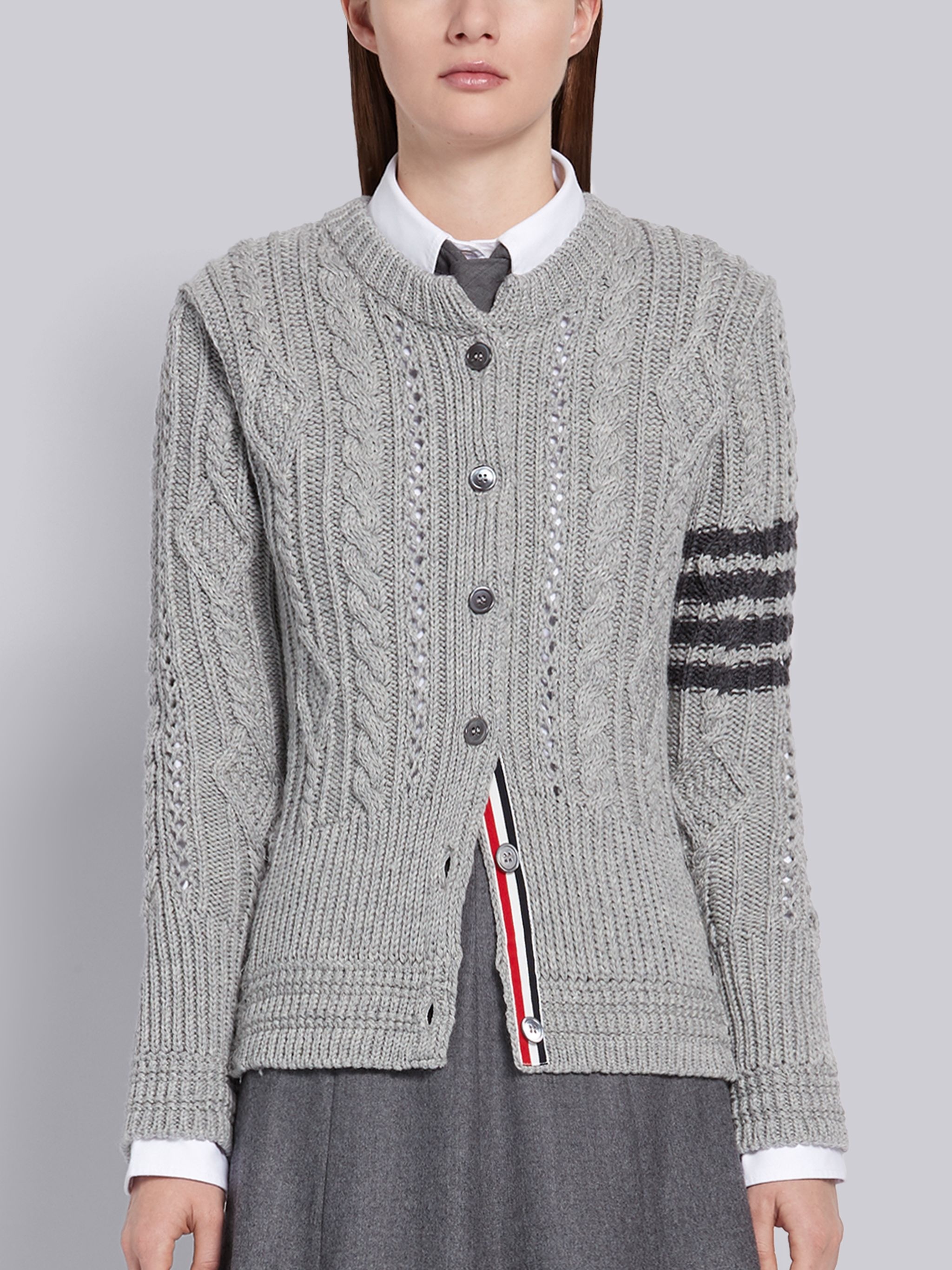 Light Grey Fine Merino Wool Aran Cable Classic Crewneck 4-Bar Cardigan - 1