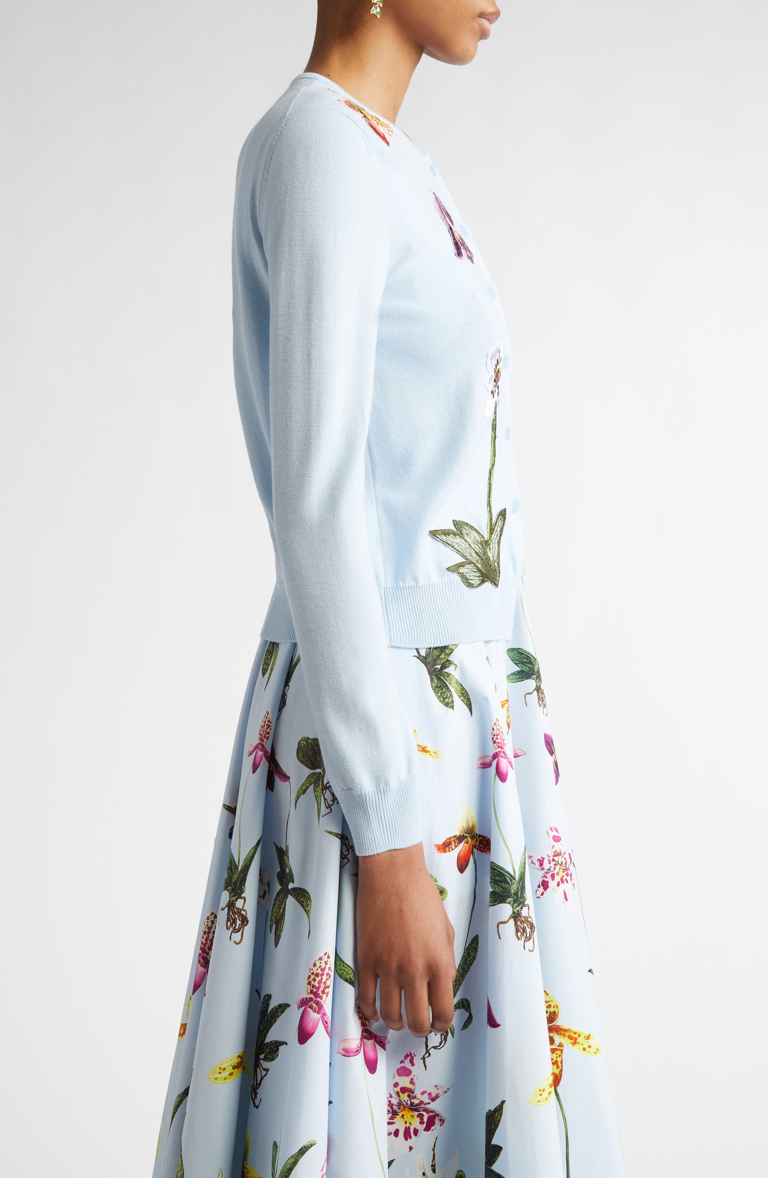 Oscar de la Renta Orchid Embroidered Virgin Wool Cardigan in Light Blue at Nordstrom - 4