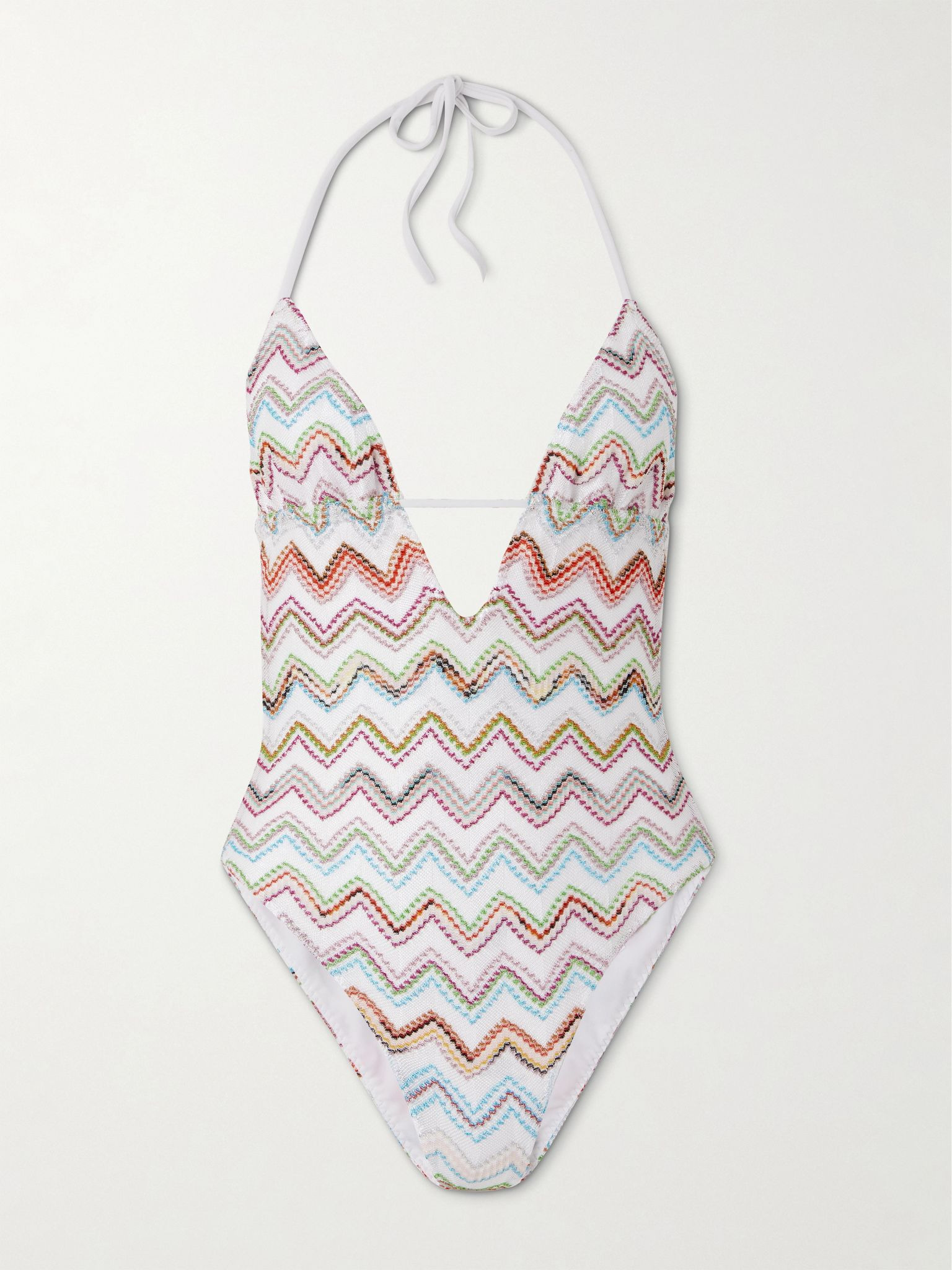 Striped metallic crochet-knit halterneck swimsuit White - 1