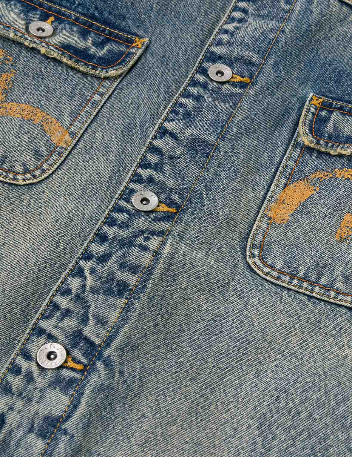 Distressed Seagull Print and Frayed Logo Patch Embroidery Relax Fit Denim Jacket - 11