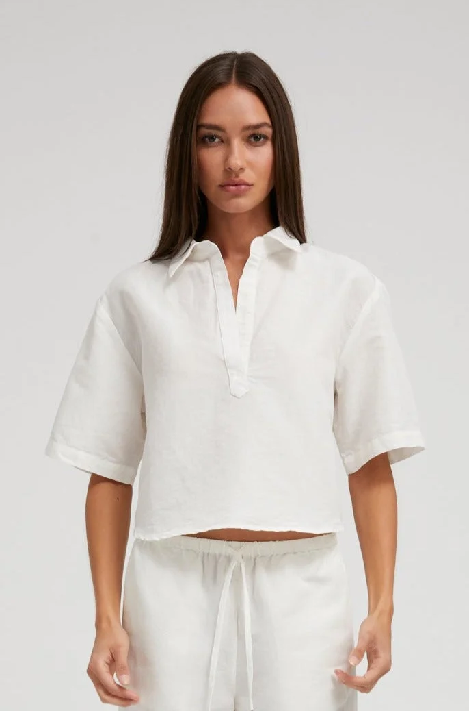 WHITE LINEN CROPPED OVERSIZED HENLEY SHIRT - 1