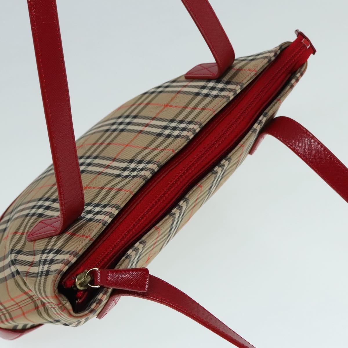 Burberry Nova Check Hand Bag Canvas Leather Beige Gold Red - 6